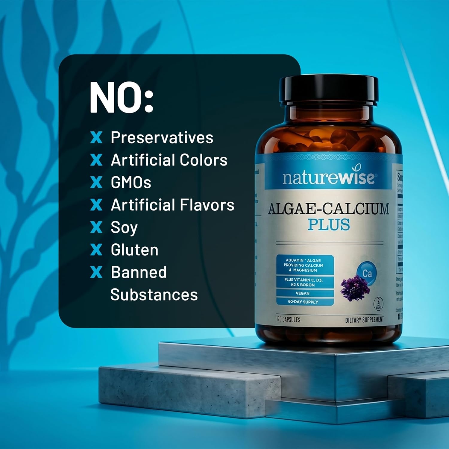 image:imageNatureWise Algae Calcium Plus with Aquamin Calcium Magnesium Vitamin C D3 and K2 Vegan Algae Calcium Supplements for Women amp Men Bone Health Support NonGMO 120 Capsules60Day Supply
