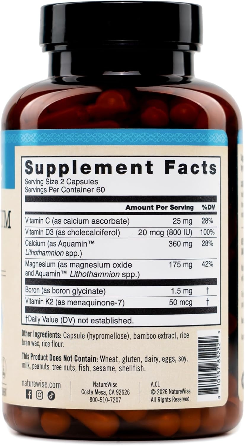 image:imageNatureWise Algae Calcium Plus with Aquamin Calcium Magnesium Vitamin C D3 and K2 Vegan Algae Calcium Supplements for Women amp Men Bone Health Support NonGMO 120 Capsules60Day Supply