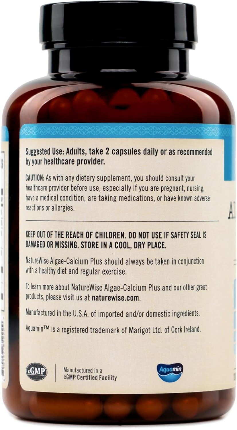 image:imageNatureWise Algae Calcium Plus with Aquamin Calcium Magnesium Vitamin C D3 and K2 Vegan Algae Calcium Supplements for Women amp Men Bone Health Support NonGMO 120 Capsules60Day Supply