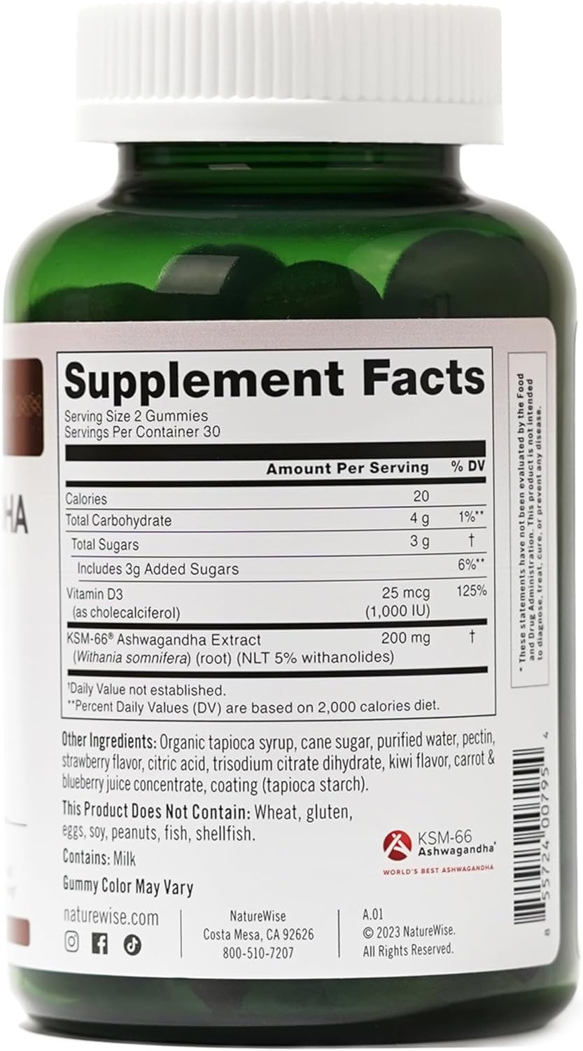 image:imageNatureWise Ashwagandha Gummies Strawberry Kiwi KSM66 with Vitamin D3 Calming Mood Support Vegetarian NonGMO Gelatin and Gluten Free 60 Count1Month Supply