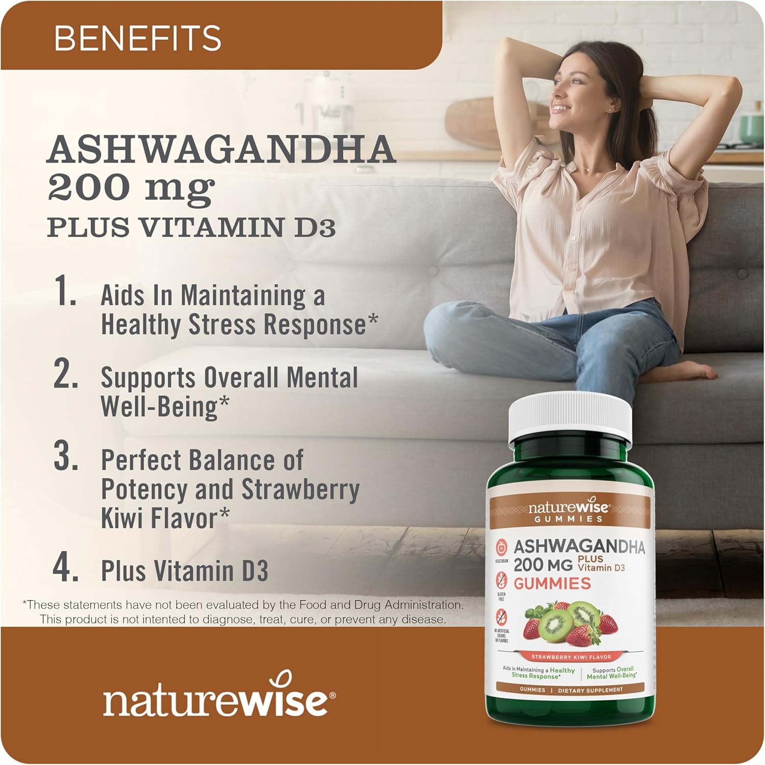 image:imageNatureWise Ashwagandha Gummies Strawberry Kiwi KSM66 with Vitamin D3 Calming Mood Support Vegetarian NonGMO Gelatin and Gluten Free 60 Count1Month Supply
