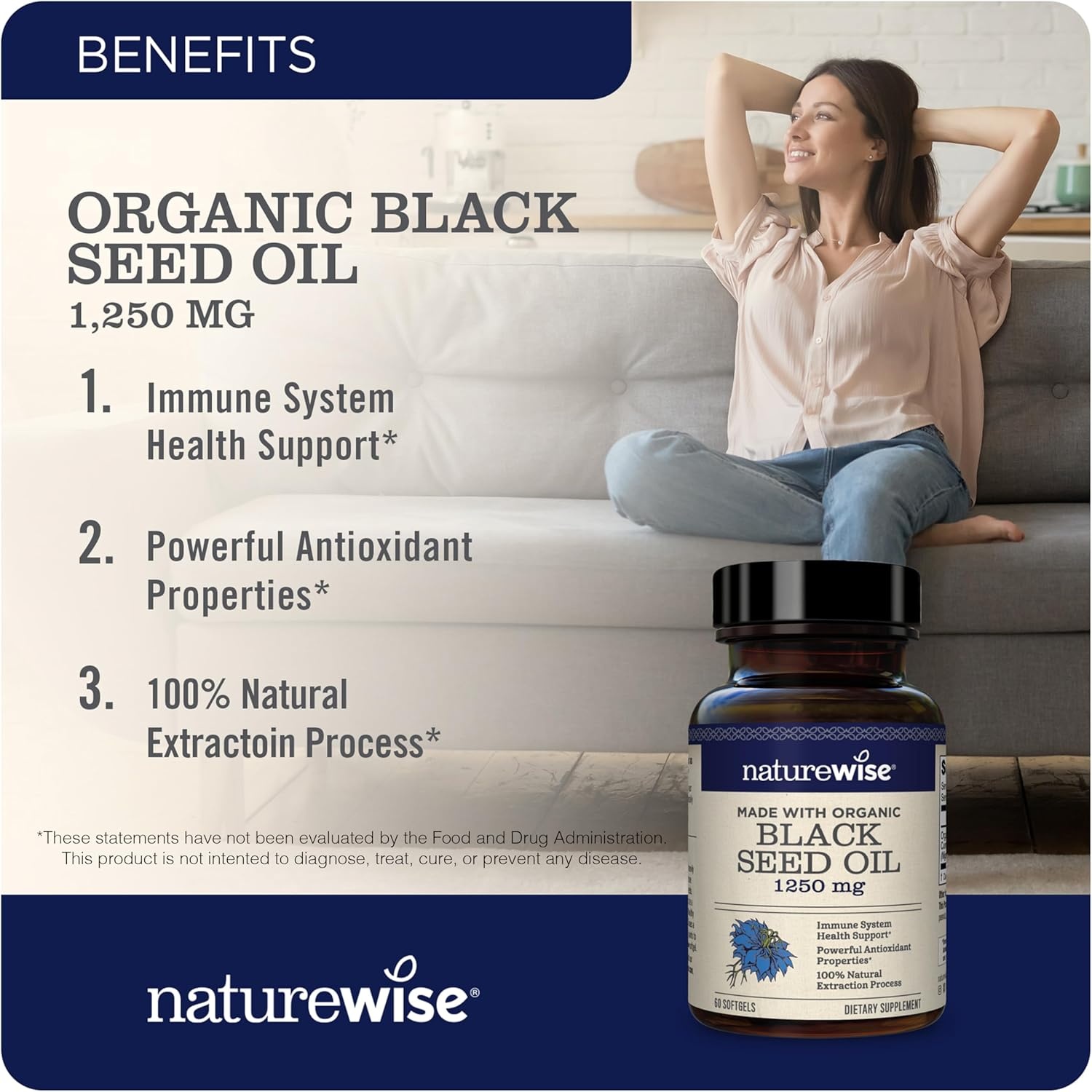 image:imageNatureWise Black Seed Oil Softgels 1250 mg with 100 Organic Cold Pressed Nigella Sativa Omega 3 6 9 Antioxidant Immune Support Hair amp Skin NonGMO GlutenFree 60 Softgels1Month Supply