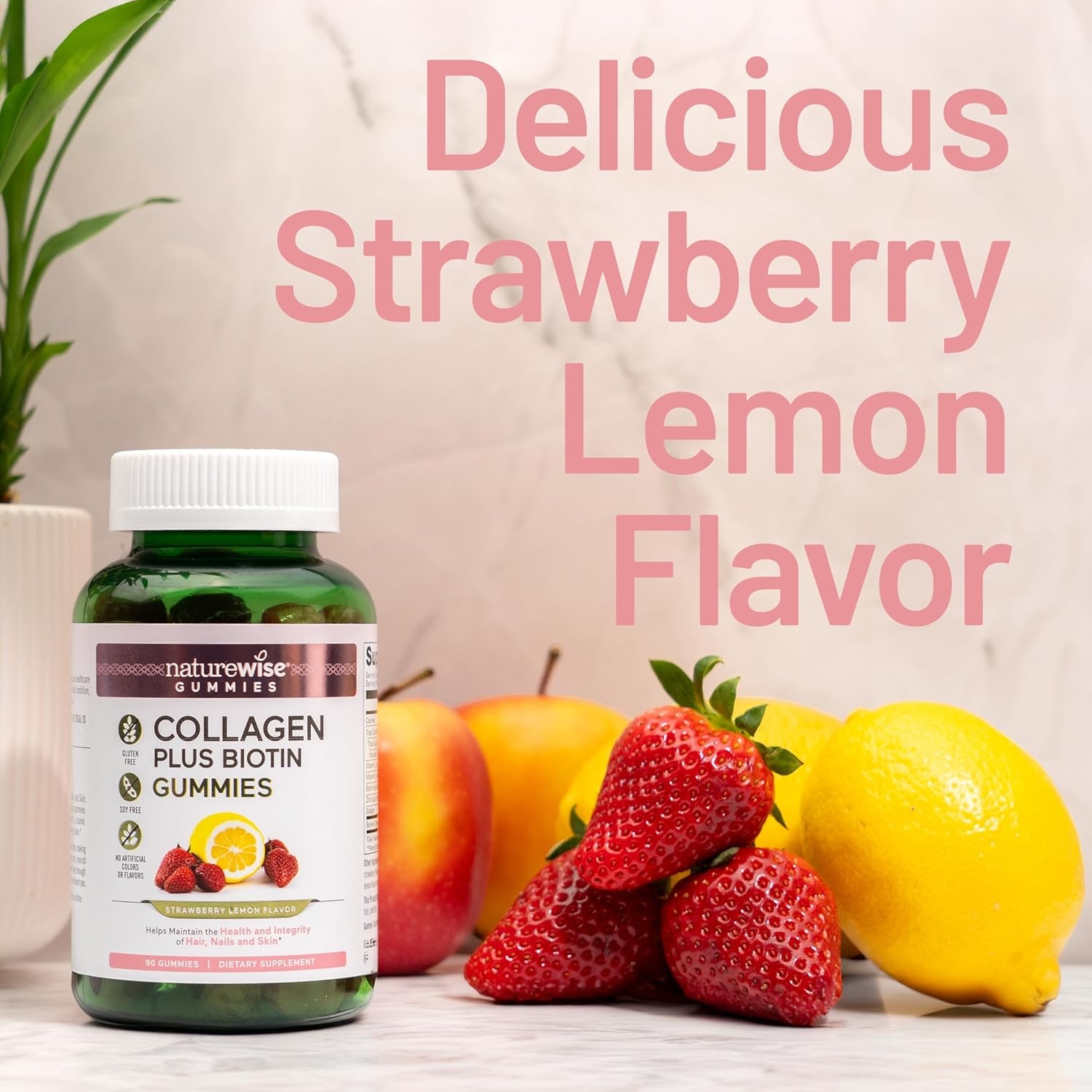 image:imageNatureWise Collagen Gummies Hydrolyzed Collagen Gummies Type 1 amp 3 Peptides for Women Biotin Vitamin C E amp Zinc for Hair Skin and Nails Support 60 Count1Month SupplyStrawberry Lemon