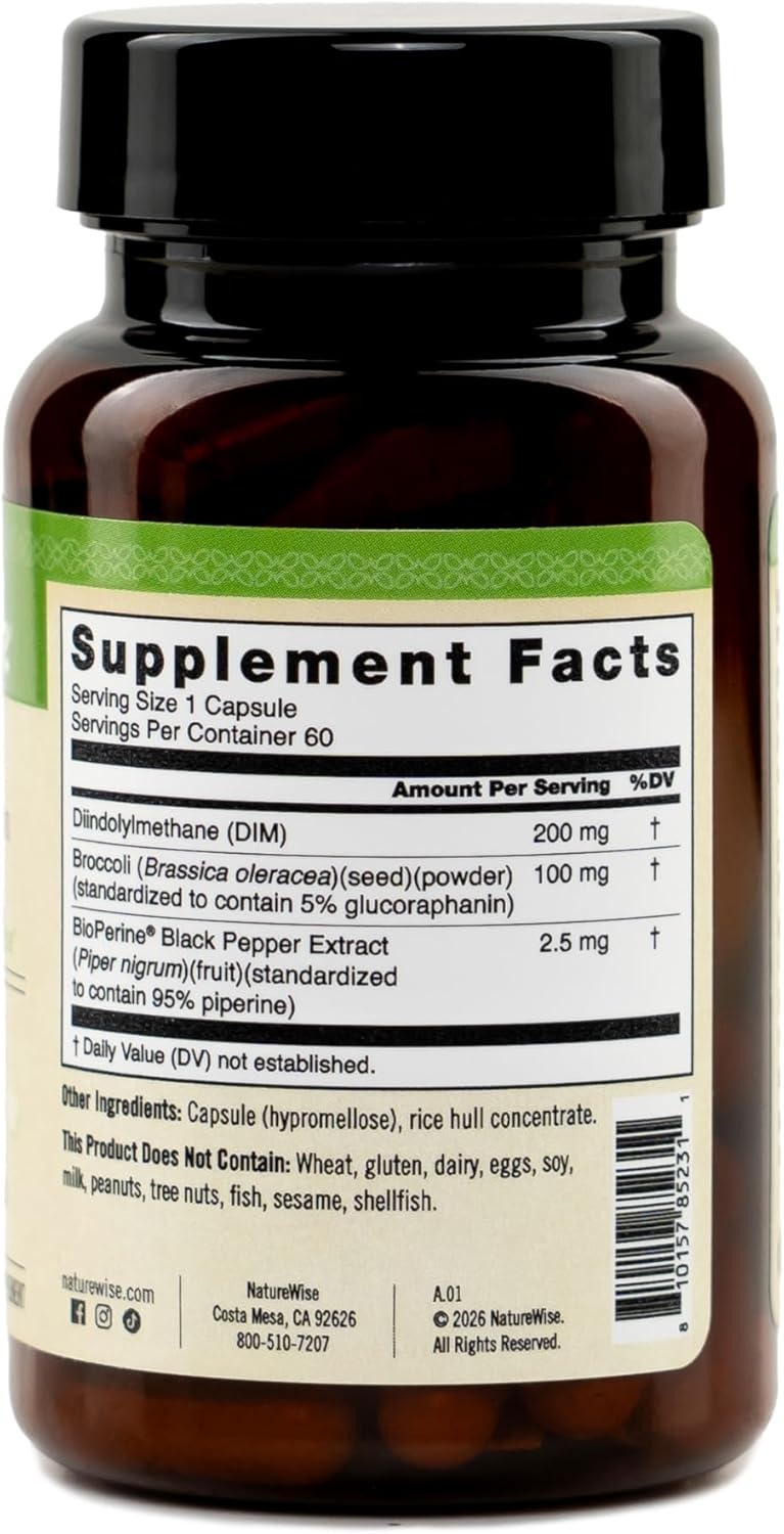 image:imageNatureWise DIM Diindolylmethane 200mg Broccoli amp BioPerine Black Pepper Extract DIM Supplement for Women amp Men Hormone amp Estrogen Support Vegan USA Manufactured 60 Capsules60Day Supply