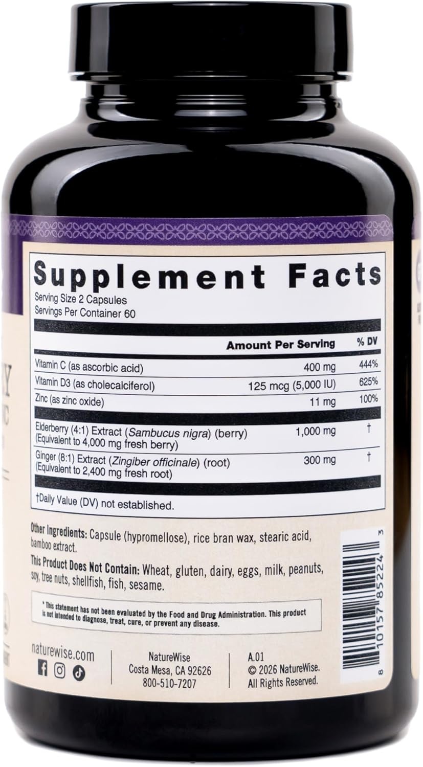 image:imageNatureWise Elderberry Vitamin C and Zinc for Adults Sambucus Black Elderberry and Ginger amp Vitamin D3 5000IU 5 in 1 Immune Support NonGMO USA Manufactured 120 Veggie Capsules60Day Supply