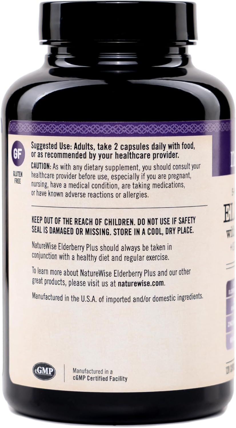 image:imageNatureWise Elderberry Vitamin C and Zinc for Adults Sambucus Black Elderberry and Ginger amp Vitamin D3 5000IU 5 in 1 Immune Support NonGMO USA Manufactured 120 Veggie Capsules60Day Supply