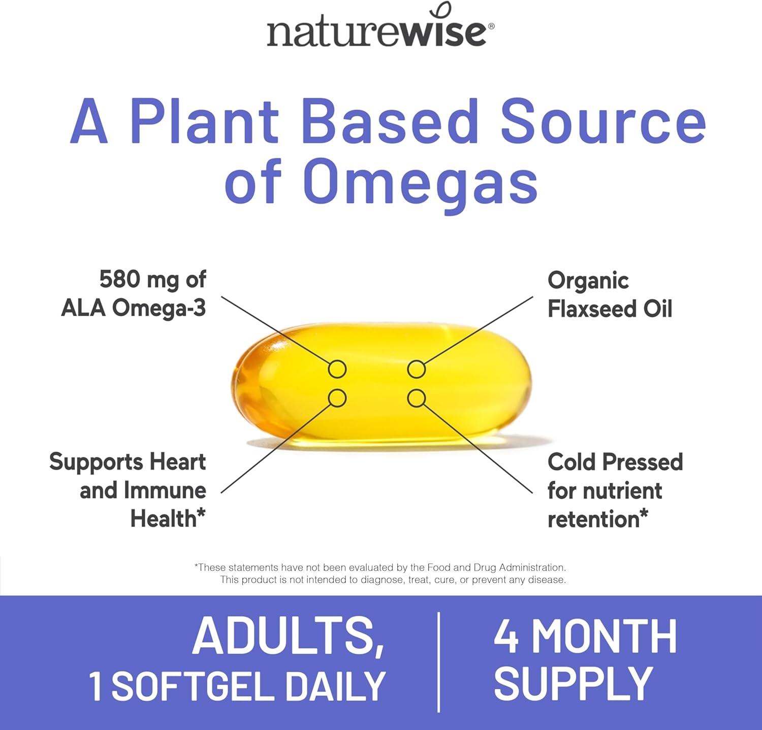 image:imageNatureWise Flaxseed Oil 1000 mg Fish Free Omega 3 with 580 mg ALA Plant Based Omega 3 6 9 Supplement Organic Cold Pressed NonGMO 120 Softgels120Day Supply