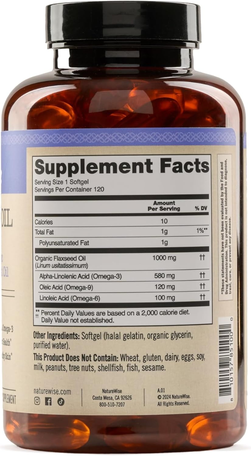 image:imageNatureWise Flaxseed Oil 1000 mg Fish Free Omega 3 with 580 mg ALA Plant Based Omega 3 6 9 Supplement Organic Cold Pressed NonGMO 120 Softgels120Day Supply