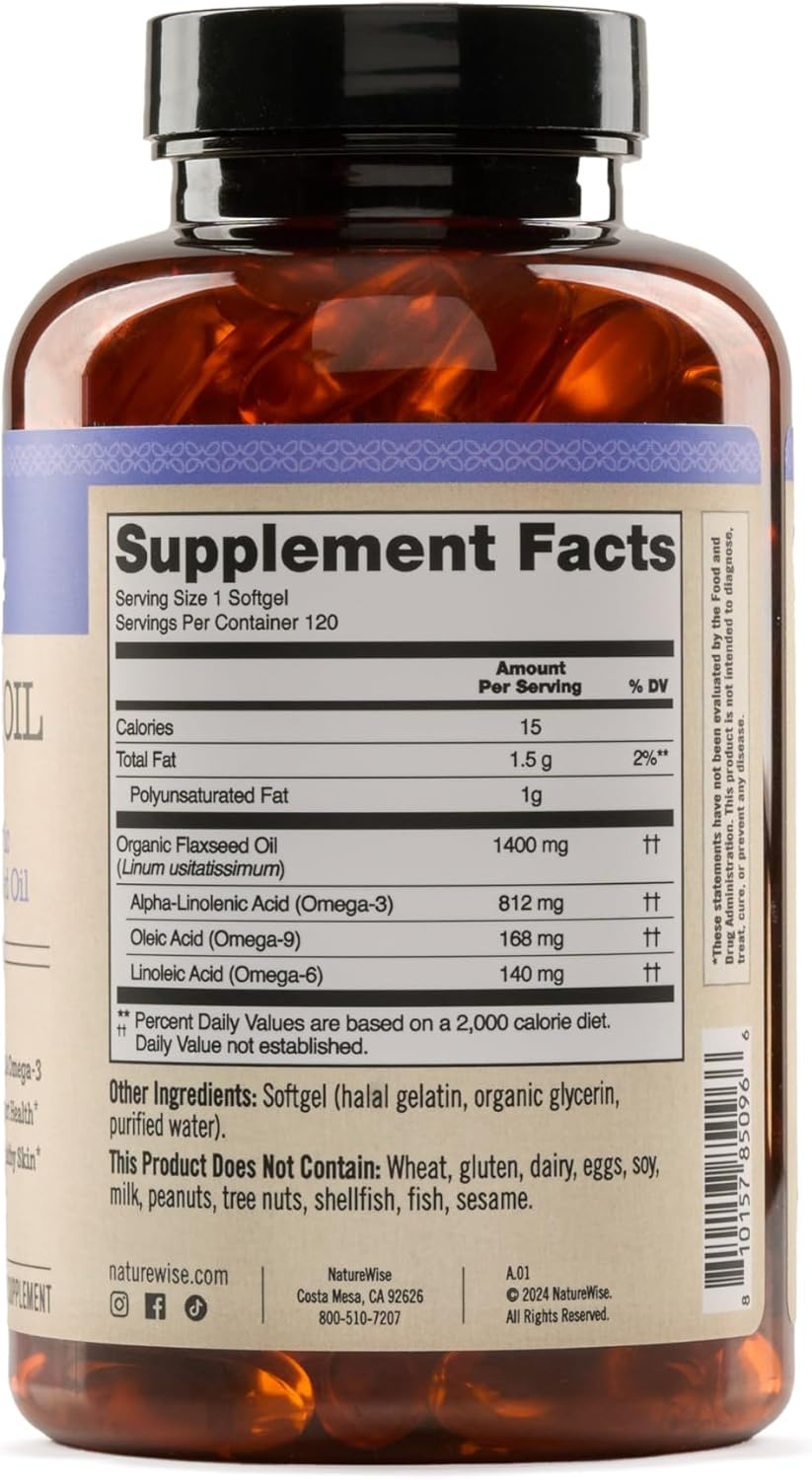 image:imageNatureWise Flaxseed Oil 1400 mg Fish Free High Potency Omega 3 with 812 mg ALA Plant Based Omega 3 6 9 Supplement Organic Cold Pressed NonGMO 120 Softgels120Day Supply