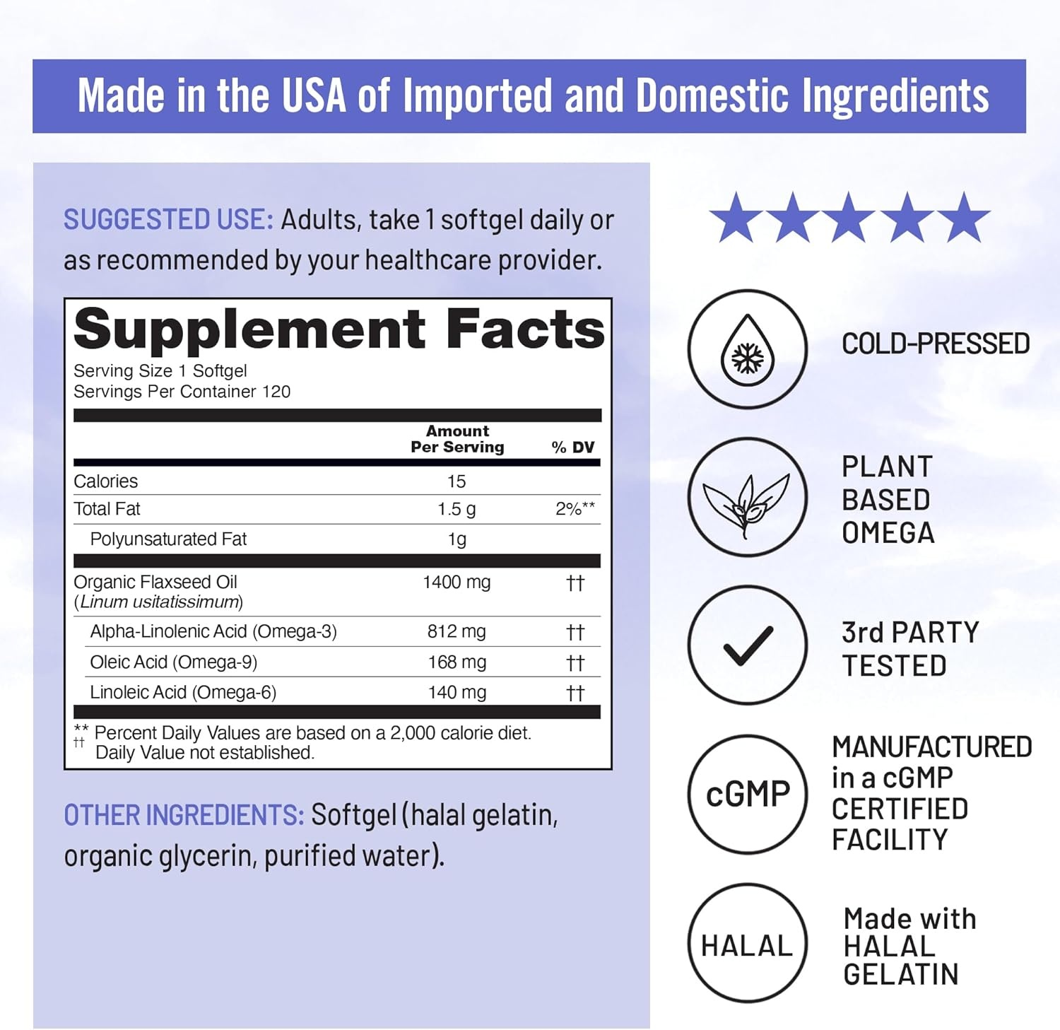 image:imageNatureWise Flaxseed Oil 1400 mg Fish Free High Potency Omega 3 with 812 mg ALA Plant Based Omega 3 6 9 Supplement Organic Cold Pressed NonGMO 120 Softgels120Day Supply