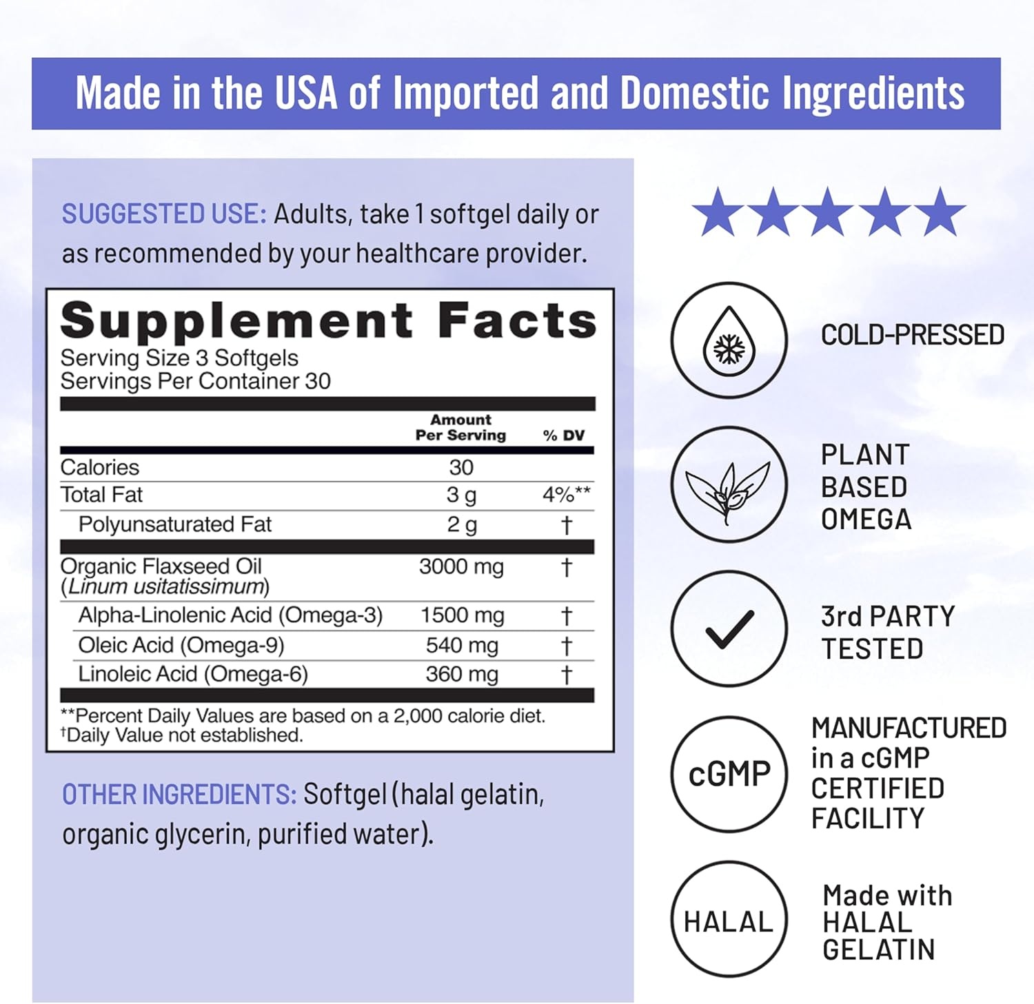 image:imageNatureWise Flaxseed Oil 3000 mg Fish Free Omega 3 with 1500 mg ALA Plant Based Omega 3 6 9 Supplement Organic Cold Pressed NonGMO 90 Softgels30Day Supply90 Count Pack of 1