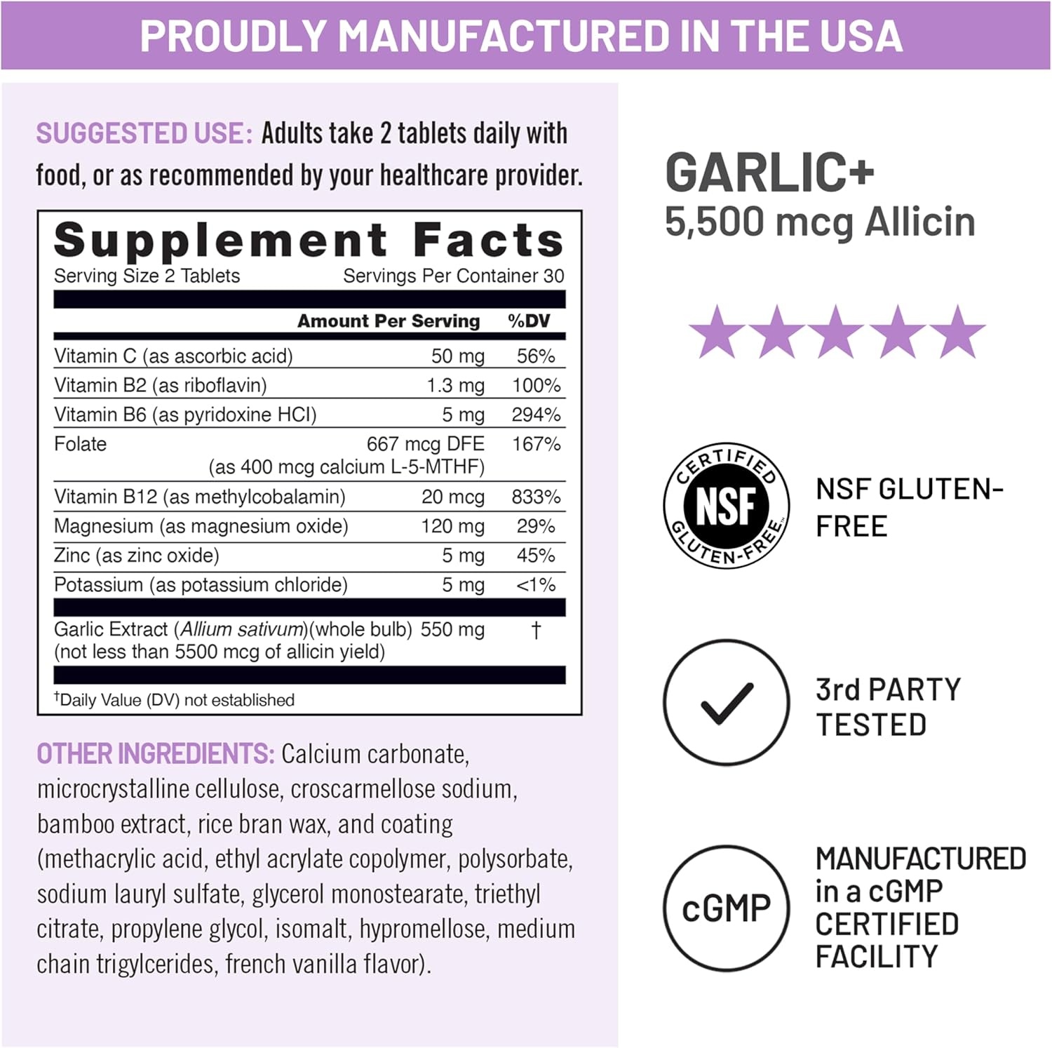 image:imageNatureWise Garlic Extract 5500 mcg Allicin Supplement Healthy Cholesterol amp Blood Pressure Formula Vitamins B amp C Vegan Tablets wEnteric Coating NonGMO GlutenFree 60 Count 30Day Supply