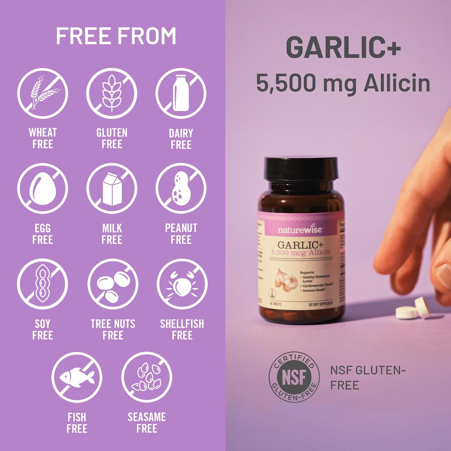 image:imageNatureWise Garlic Extract 5500 mcg Allicin Supplement Healthy Cholesterol amp Blood Pressure Formula Vitamins B amp C Vegan Tablets wEnteric Coating NonGMO GlutenFree 60 Count 30Day Supply