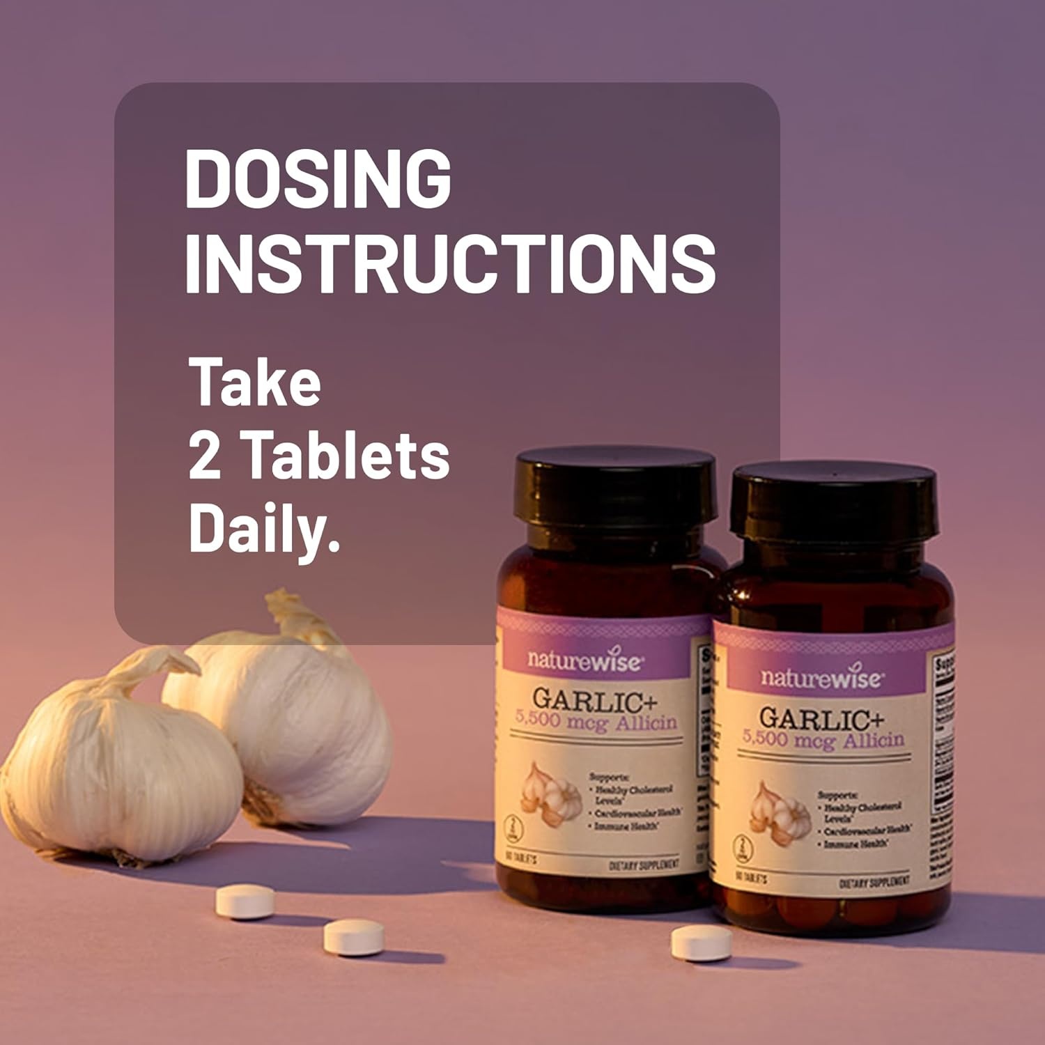 image:imageNatureWise Garlic Extract 5500 mcg Allicin Supplement Healthy Cholesterol amp Blood Pressure Formula Vitamins B amp C Vegan Tablets wEnteric Coating NonGMO GlutenFree 60 Count 30Day Supply