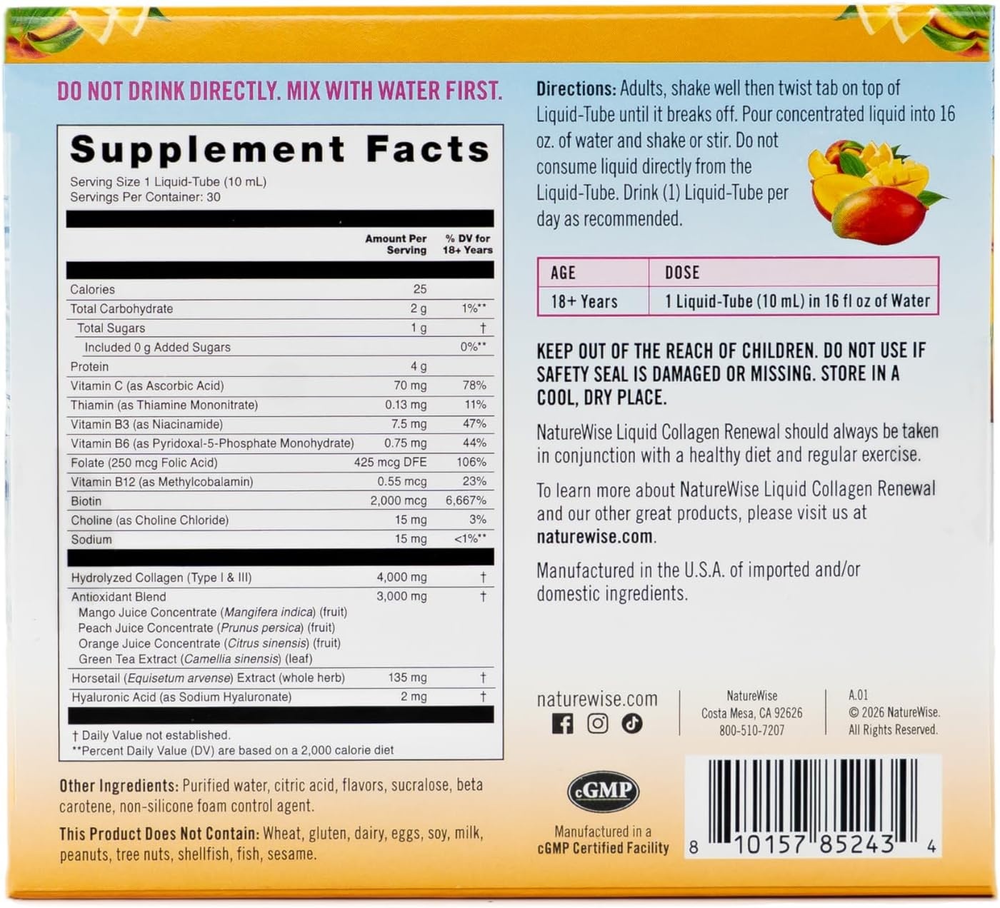image:imageNatureWise Hydrolyzed Liquid Collagen for Women amp Men 4000mg No Added Sugar Multi Collagen Peptides Biotin Vitamin C Vitamin B Complex amp Hyaluronic Acid Mango 30 Tubes30 Day Supply