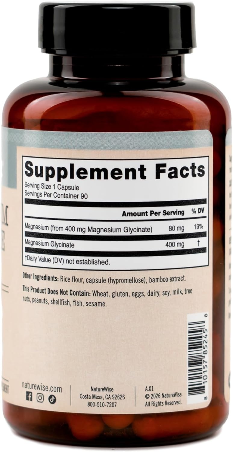 image:imageNatureWise Magnesium Glycinate 400 mg High Absorption Chelated Magnesium Glycinate for Sleep Relaxation Muscle amp Bones Gentle on Stomach Vegan NonGMO 90 Capsules90Day SupplyUnflavored