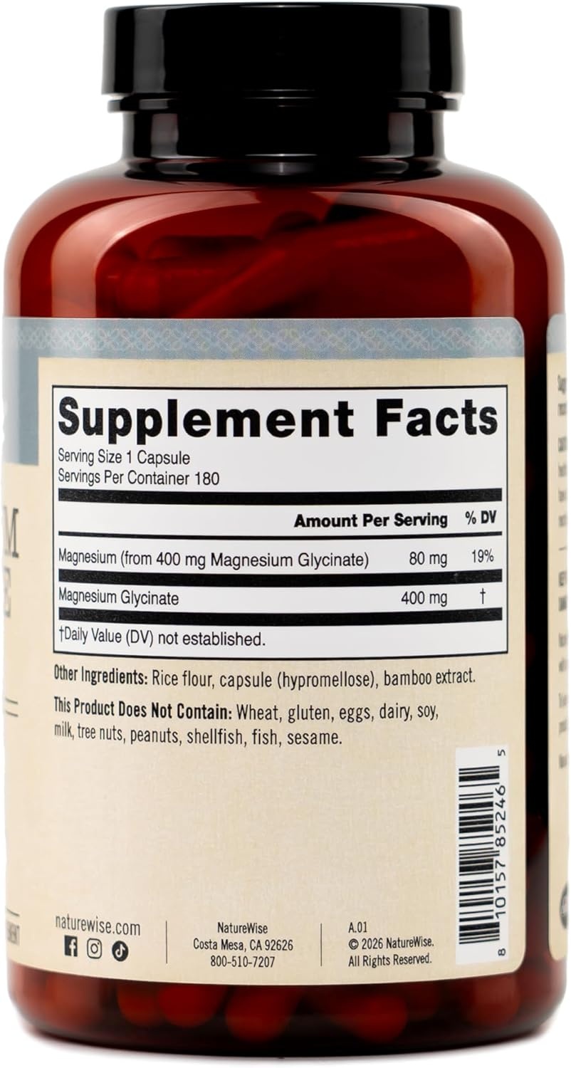 image:imageNatureWise Magnesium Glycinate 400 mg High Absorption Chelated Magnesium Glycinate for Sleep Relaxation Muscle amp Bones Gentle on Stomach Vegan NonGMO 90 Capsules90Day SupplyUnflavored