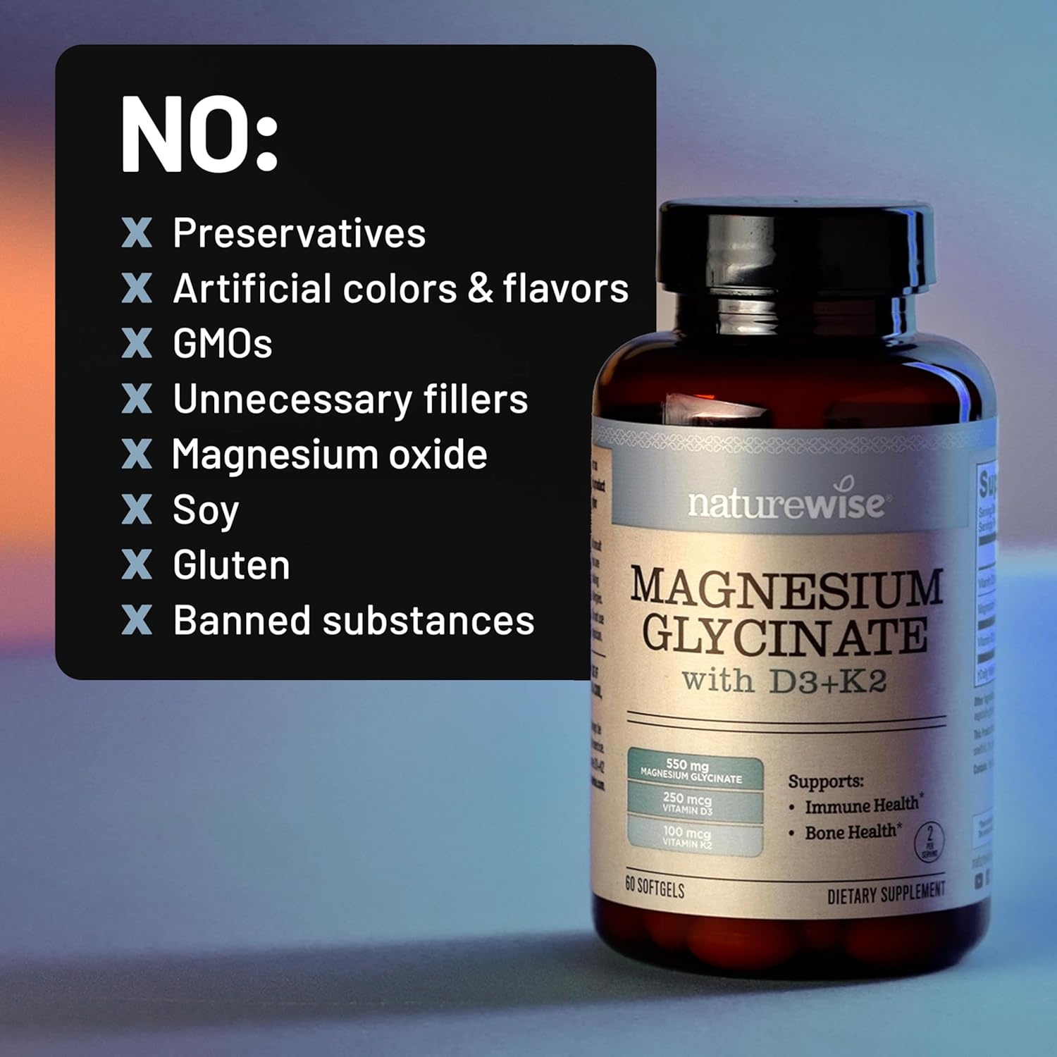 image:imageNatureWise Magnesium Glycinate 550mg 2000 IU Vitamin D3 K2 100 mcg D3 K2 Magnesium Supplement Chelated for High Absorption Bone Support NonGMO USA Manufactured 30Day Supply2000IU