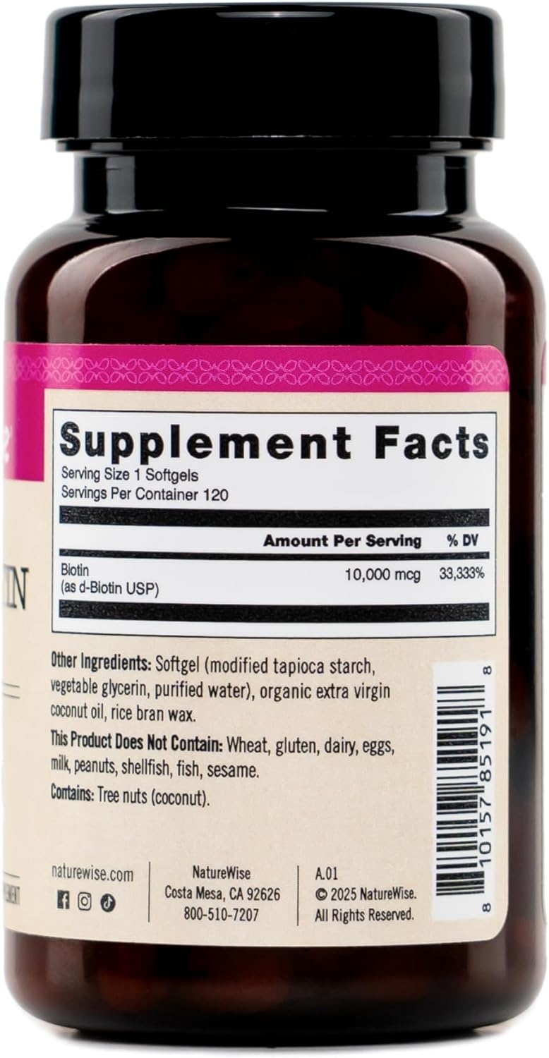 image:imageNatureWise Max Strength Vegan Biotin 10000mcg for Women amp Men Healthy Skin amp Hair Support NSF GlutenFree Certified NonGMO USA Manufactured 120 Softgels120Day Supply