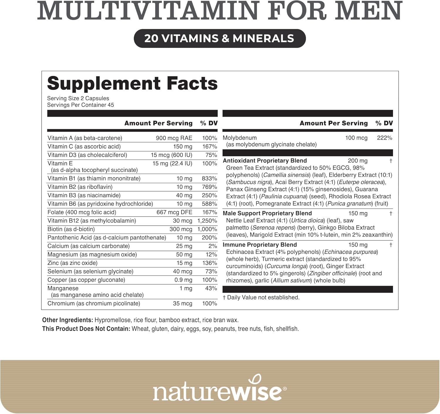image:imageNatureWise Multivitamin for Men Daily Male Support Minerals amp Herbs for Energy Performance Immunity with Vitamin A C D BComplex Soy amp GlutenFree NonGMO 90 Capsules45Day SupplyUnflavored