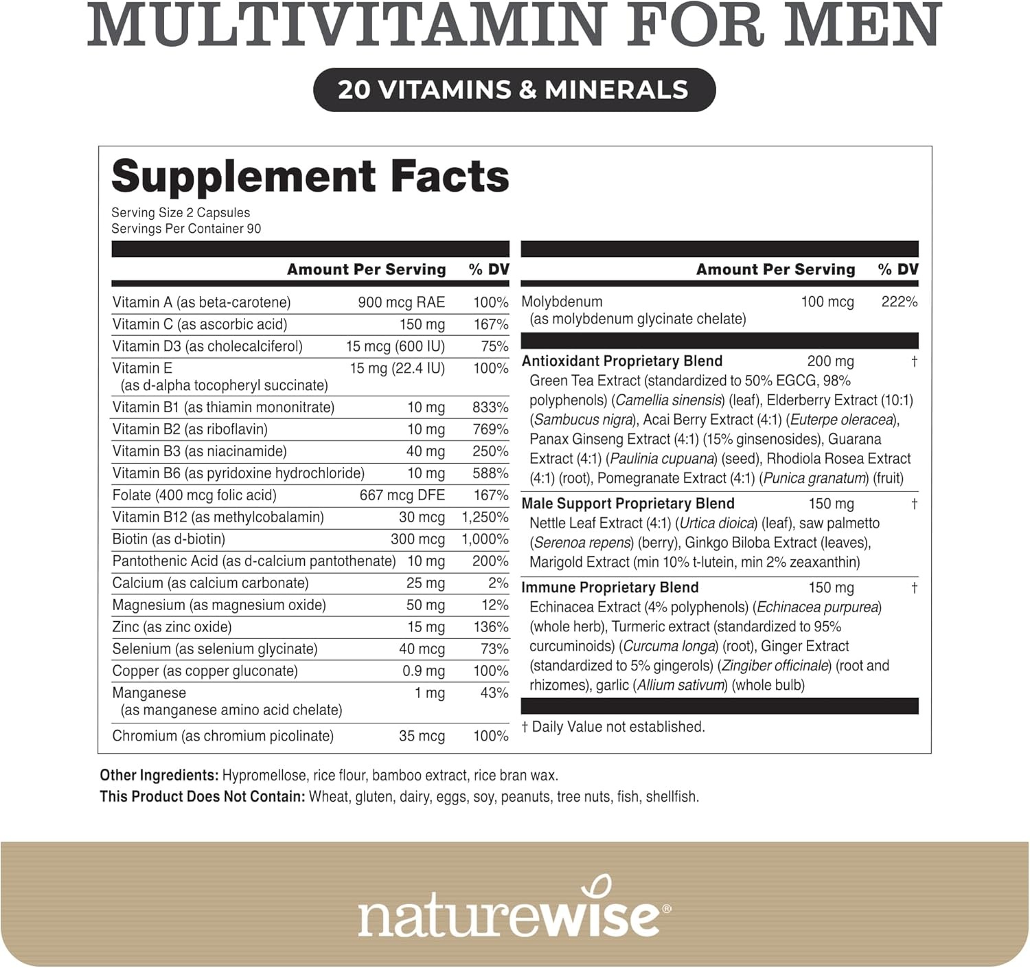 image:imageNatureWise Multivitamin for Men Daily Male Support Minerals amp Herbs for Energy Performance Immunity with Vitamin A C D BComplex Soy amp GlutenFree NonGMO 90 Capsules45Day SupplyUnflavored