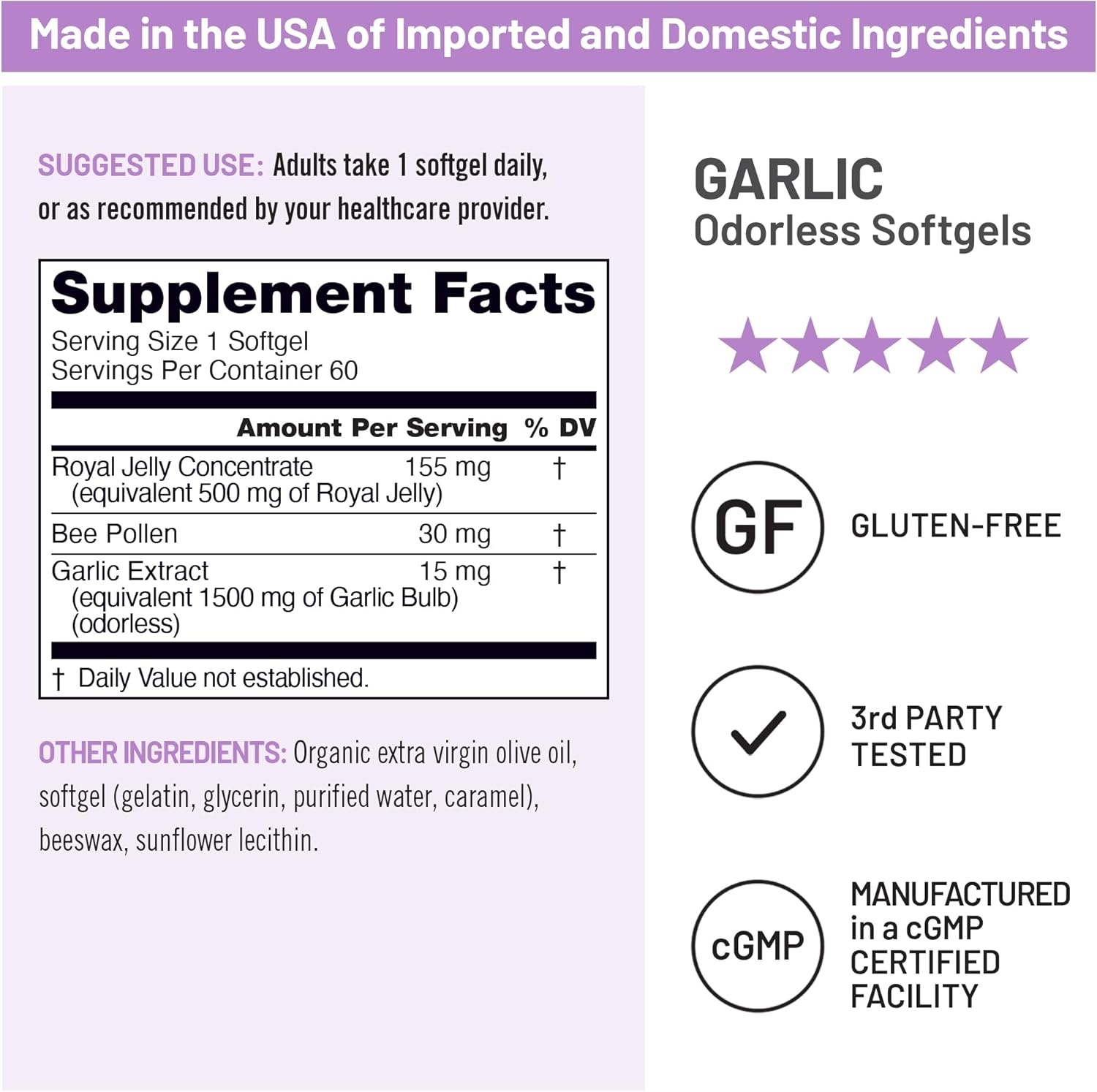 image:imageNatureWise Odorless Garlic Pills with Royal Bee Jelly amp Pollen Herbal Supplement for Heart Health Immune System Antioxidants Gluten Free NonGMO 60 Softgels 2Month Supply