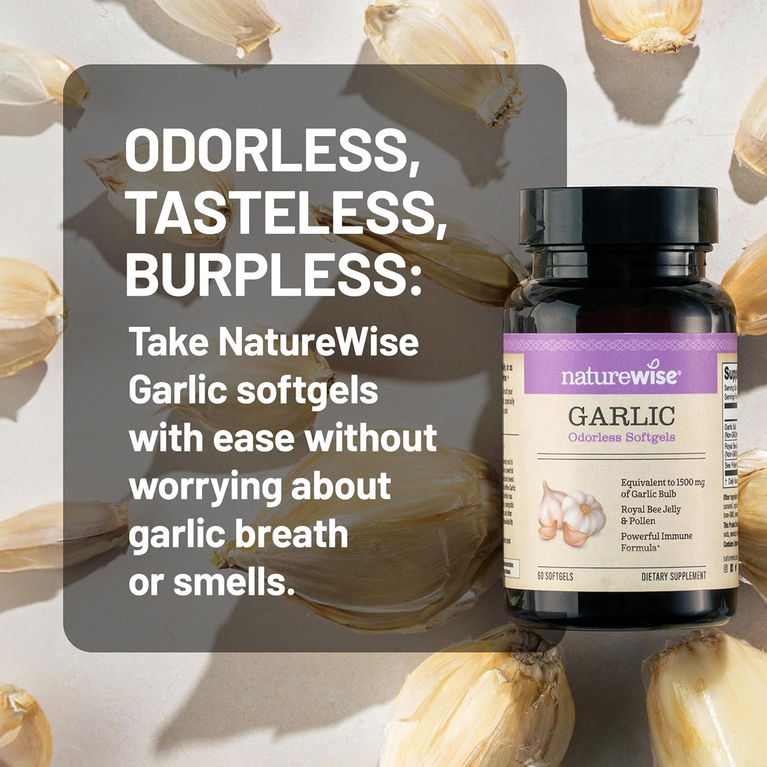 image:imageNatureWise Odorless Garlic Pills with Royal Bee Jelly amp Pollen Herbal Supplement for Heart Health Immune System Antioxidants Gluten Free NonGMO 60 Softgels 2Month Supply