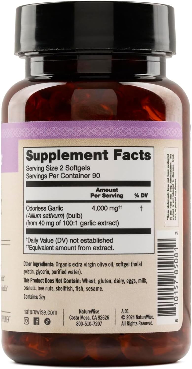image:imageNatureWise Odorless Garlic Supplement 4000mg Ultra Potent 1001 Extract Healthy Cholesterol Formula Heart Health Support NonGMO Gluten Free with Halal Gelatin 60 Count30Day Supply180 Count Pack of 1