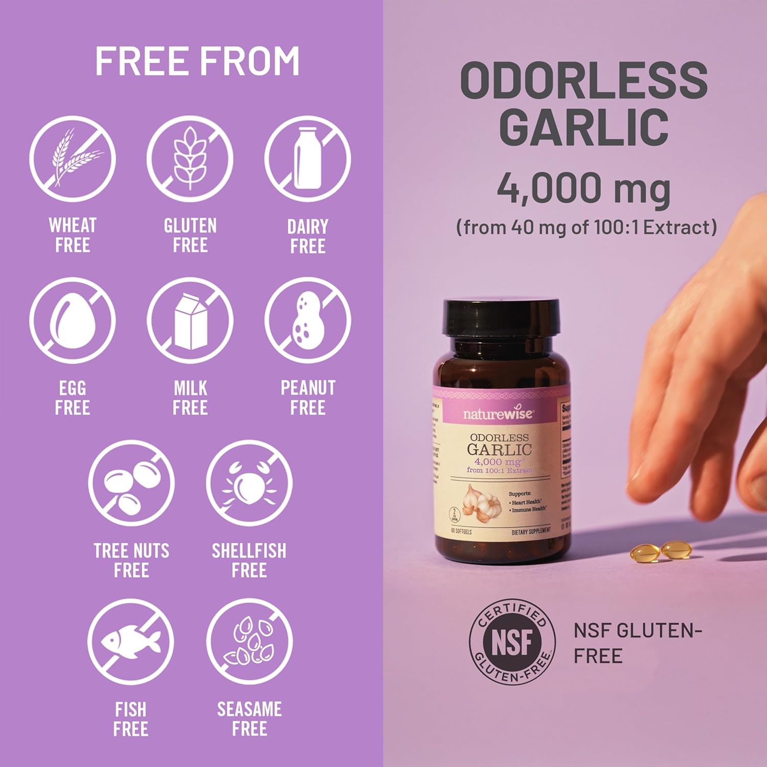 image:imageNatureWise Odorless Garlic Supplement 4000mg Ultra Potent 1001 Extract Healthy Cholesterol Formula Heart Health Support NonGMO Gluten Free with Halal Gelatin 60 Count30Day Supply60 Count Pack of 1