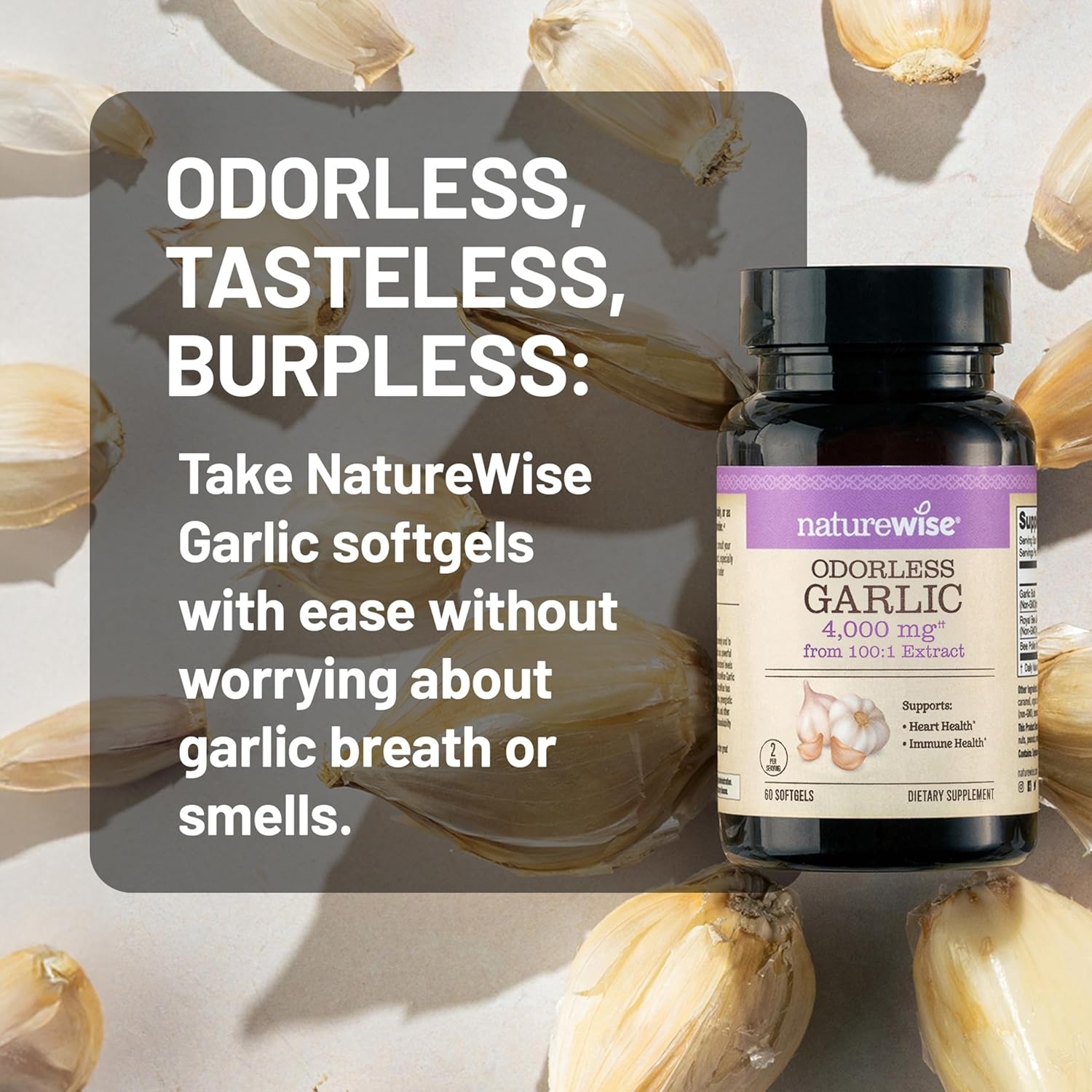image:imageNatureWise Odorless Garlic Supplement 4000mg Ultra Potent 1001 Extract Healthy Cholesterol Formula Heart Health Support NonGMO Gluten Free with Halal Gelatin 60 Count30Day Supply60 Count Pack of 1