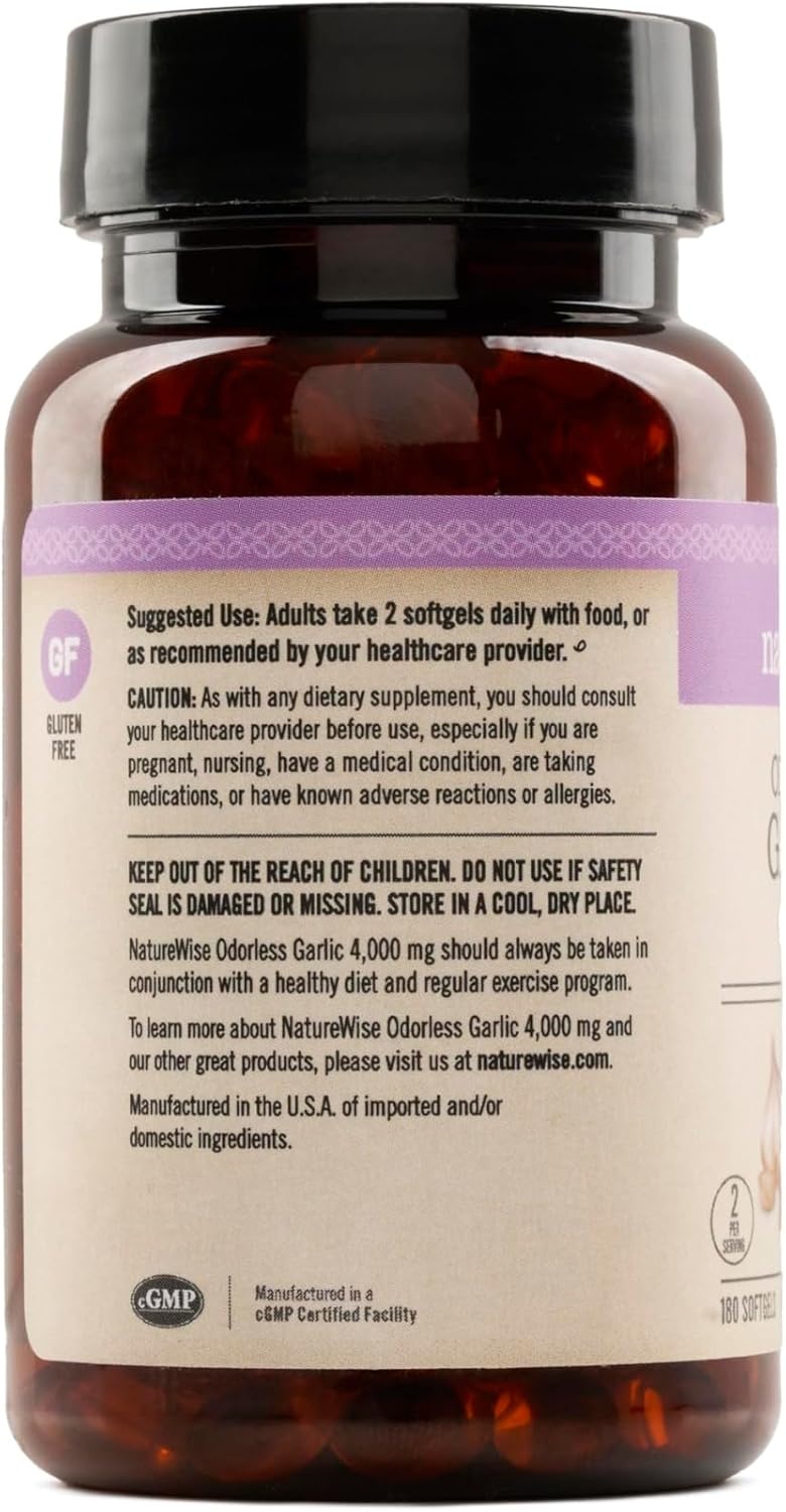 image:imageNatureWise Odorless Garlic Supplement 4000mg Ultra Potent 1001 Extract Healthy Cholesterol Formula Heart Health Support NonGMO Gluten Free with Halal Gelatin 60 Count30Day Supply180 Count Pack of 1