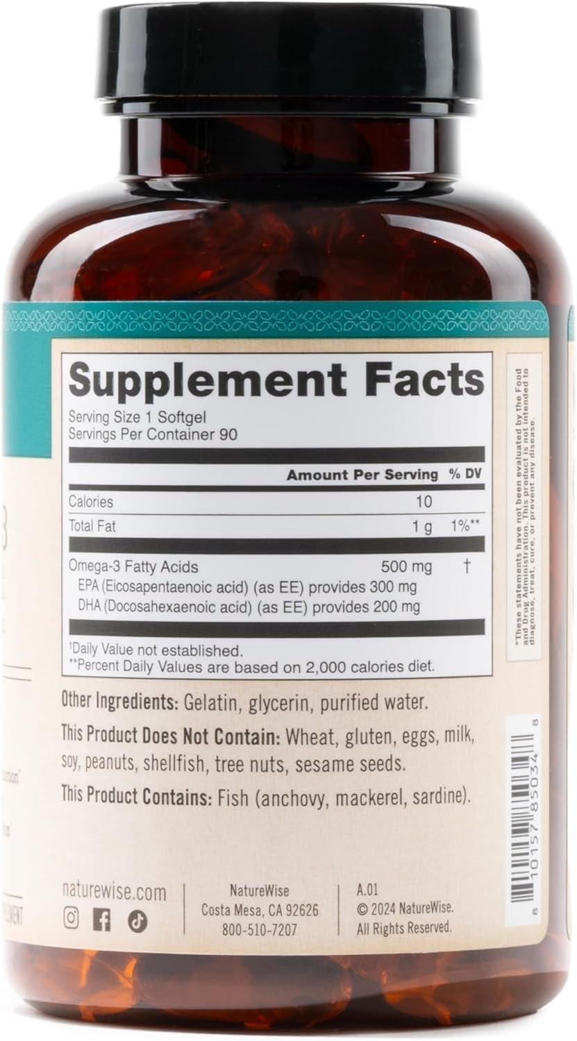 image:imageNatureWise Omega 3 Fish Oil 500mg Omega 3 per Serving 300mg EPA amp 200mg DHA Sustainably Sourced for Purity Lemon Flavored Burpless Gluten amp Soy Free NonGMO 60 Softgels2Month Supply90 Count Pack of 1