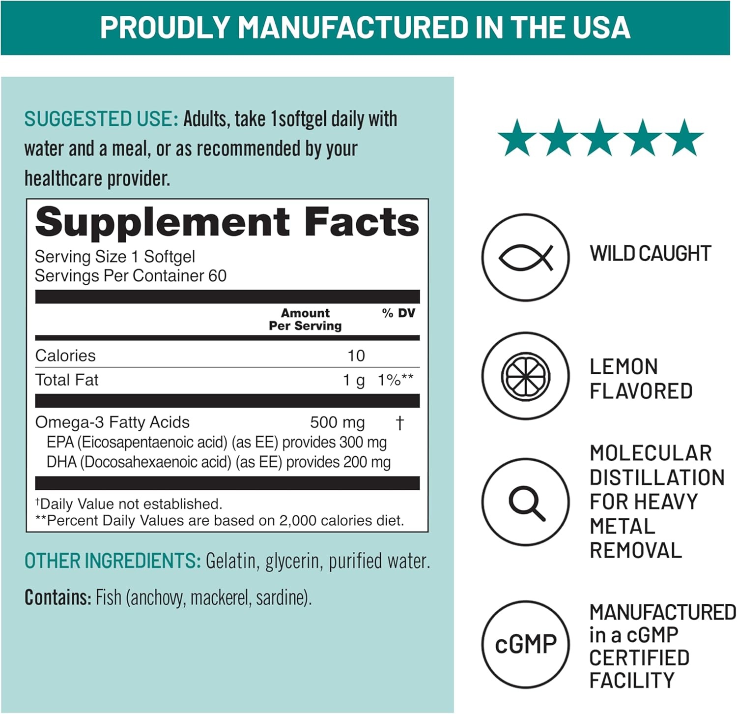 image:imageNatureWise Omega 3 Fish Oil 500mg Omega 3 per Serving 300mg EPA amp 200mg DHA Sustainably Sourced for Purity Lemon Flavored Burpless Gluten amp Soy Free NonGMO 60 Softgels2Month Supply60 Count Pack of 1