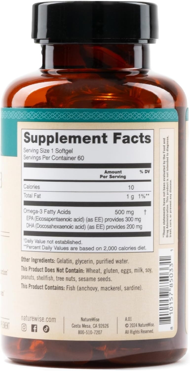image:imageNatureWise Omega 3 Fish Oil 500mg Omega 3 per Serving 300mg EPA amp 200mg DHA Sustainably Sourced for Purity Lemon Flavored Burpless Gluten amp Soy Free NonGMO 60 Softgels2Month Supply60 Count Pack of 1