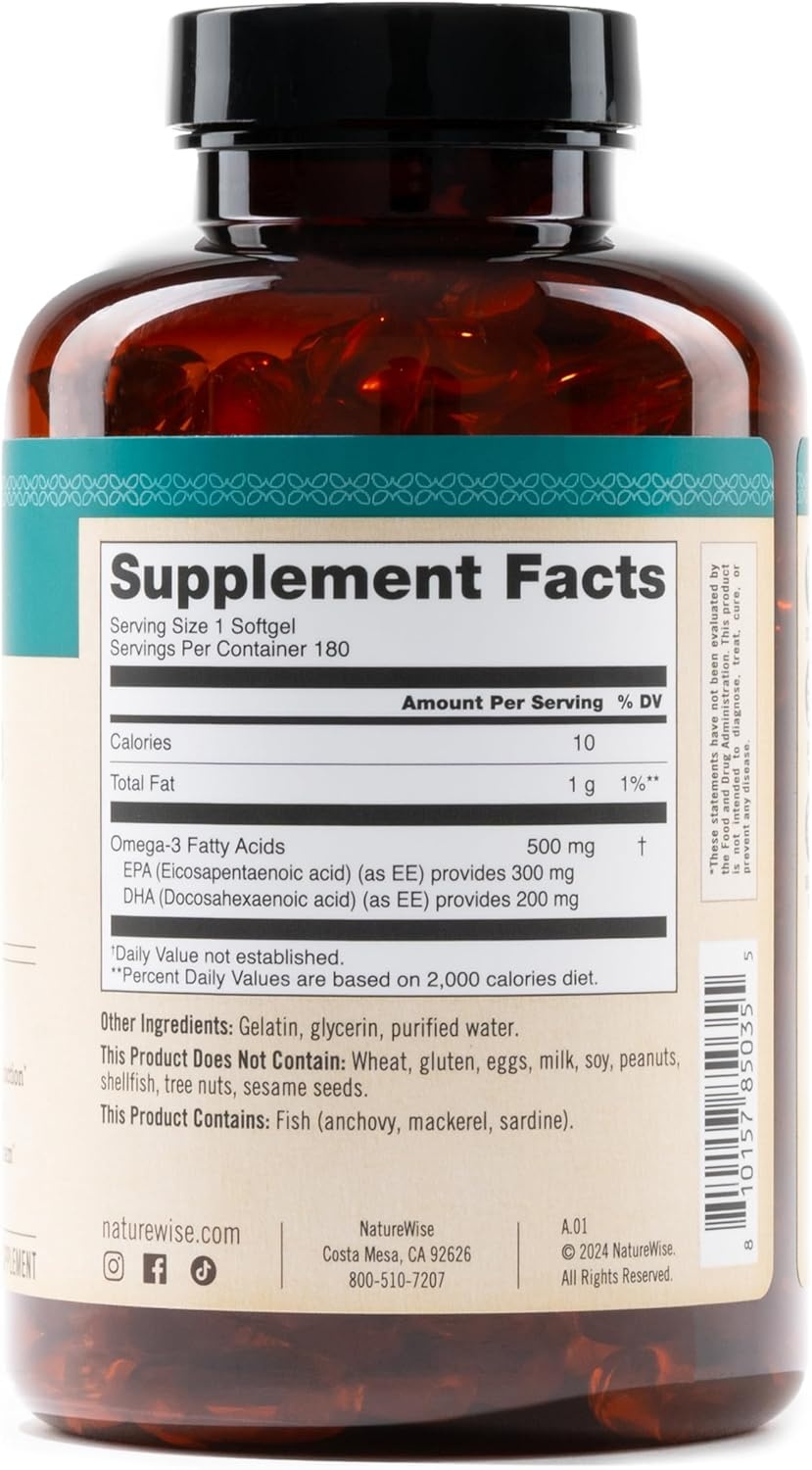 image:imageNatureWise Omega 3 Fish Oil 500mg Omega 3 per Serving 300mg EPA amp 200mg DHA Sustainably Sourced for Purity Lemon Flavored Burpless Gluten amp Soy Free NonGMO 60 Softgels2Month Supply180 Count Pack of 1