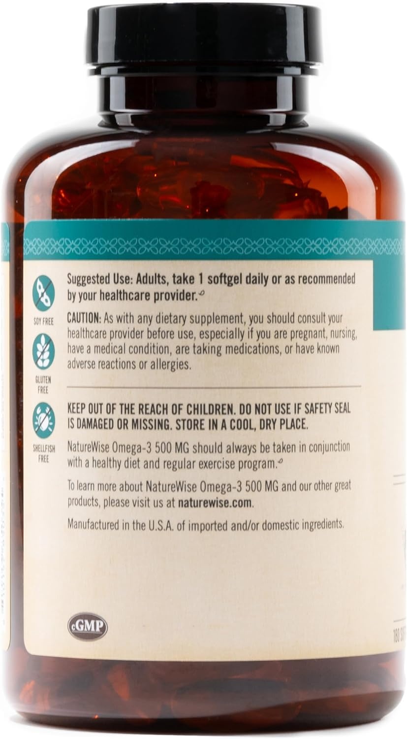 image:imageNatureWise Omega 3 Fish Oil 500mg Omega 3 per Serving 300mg EPA amp 200mg DHA Sustainably Sourced for Purity Lemon Flavored Burpless Gluten amp Soy Free NonGMO 60 Softgels2Month Supply180 Count Pack of 1