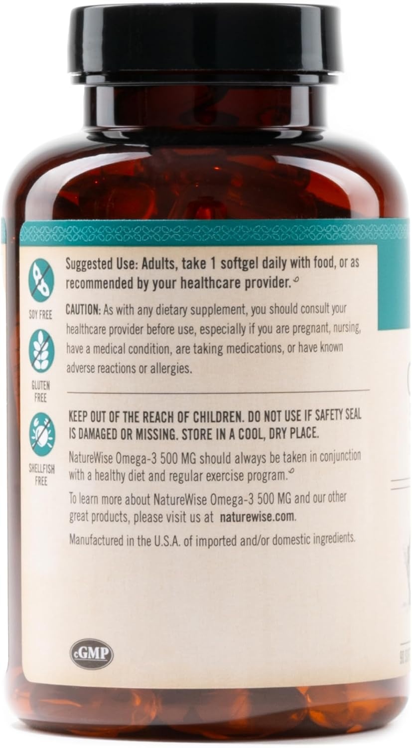 image:imageNatureWise Omega 3 Fish Oil 500mg Omega 3 per Serving 300mg EPA amp 200mg DHA Sustainably Sourced for Purity Lemon Flavored Burpless Gluten amp Soy Free NonGMO 60 Softgels2Month Supply90 Count Pack of 1