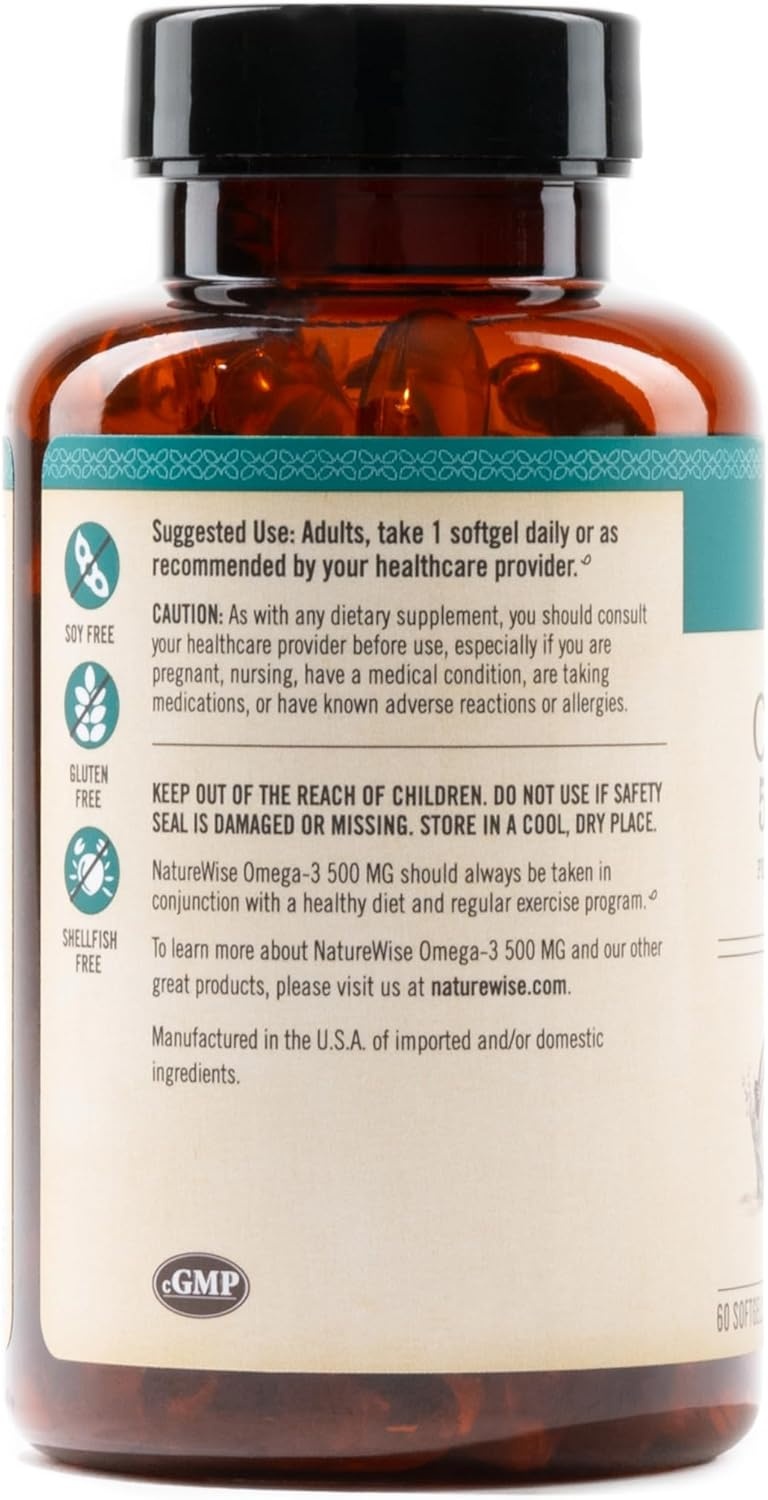 image:imageNatureWise Omega 3 Fish Oil 500mg Omega 3 per Serving 300mg EPA amp 200mg DHA Sustainably Sourced for Purity Lemon Flavored Burpless Gluten amp Soy Free NonGMO 60 Softgels2Month Supply60 Count Pack of 1