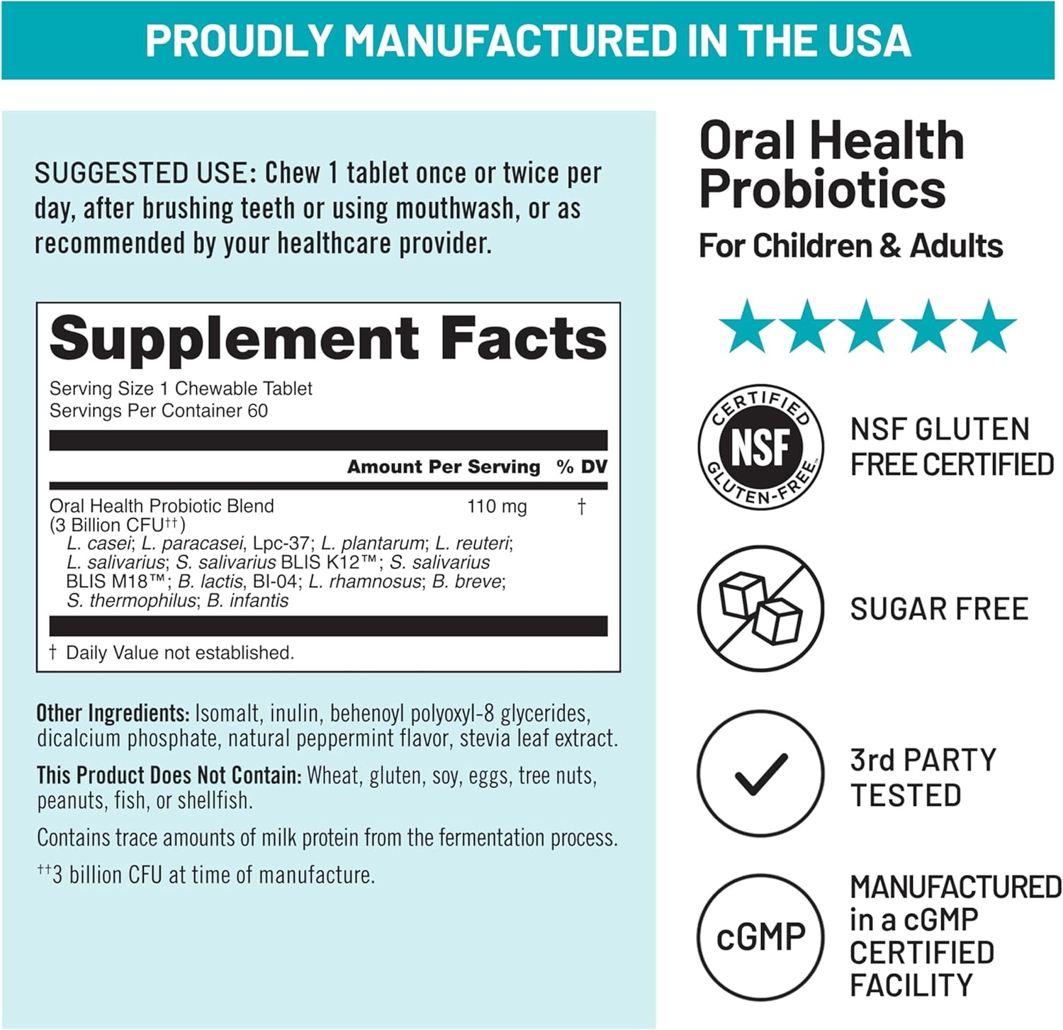 image:imageNatureWise Oral Probiotics for Mouth Bad Breath Chewable SugarFree Mint Lactobacillus reuteri Chewable Oral Probiotics For Kids amp Adults NonGMO USA Manufactured 60 Count60Day Supply60 Count Pack of 1