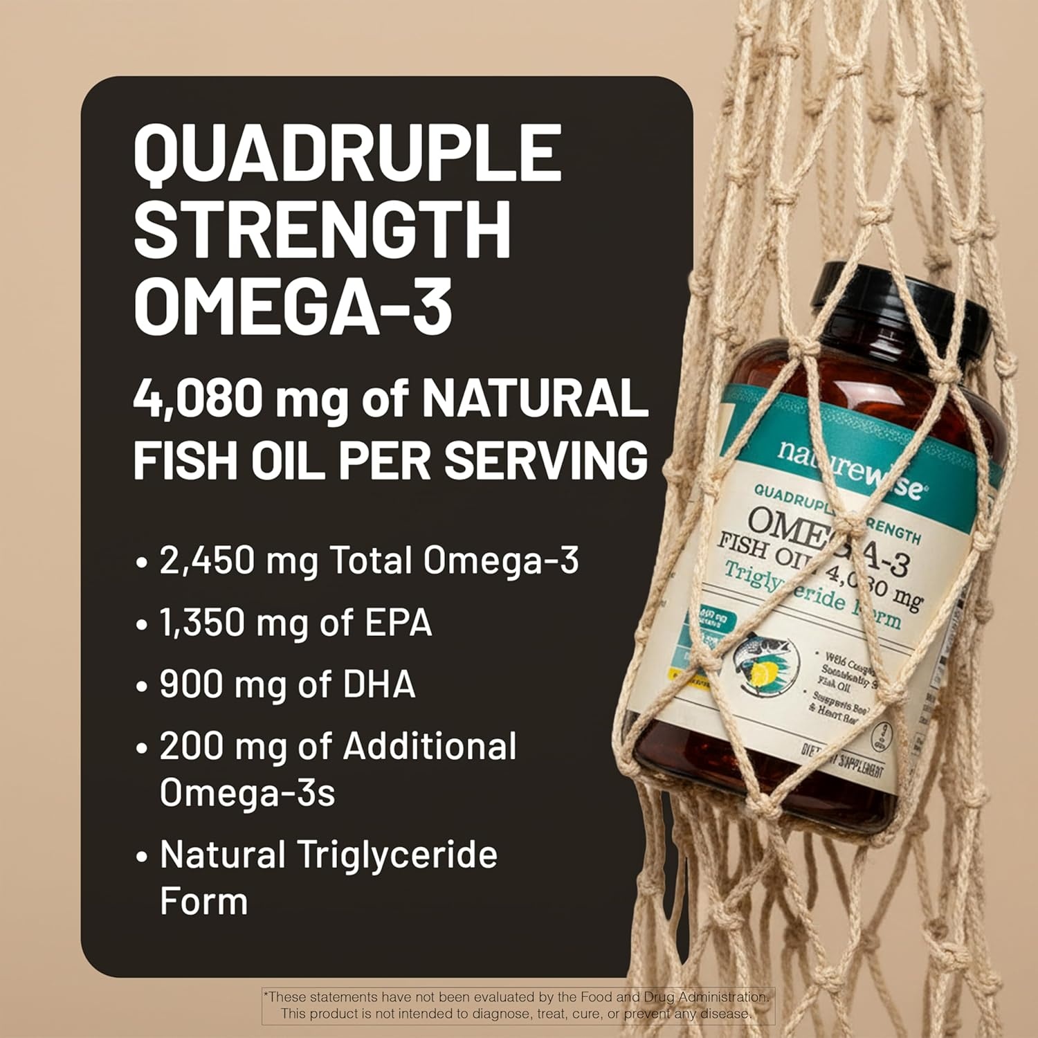 image:imageNatureWise Quadruple Strength Omega 3 Fish Oil 4080mg Natural TG Form Wild Caught 2450mg Omega 3 1350mg EPA 900mg DHA Burpless NonGMO amp USA Manufactured 120 Softgels40 Day Supply