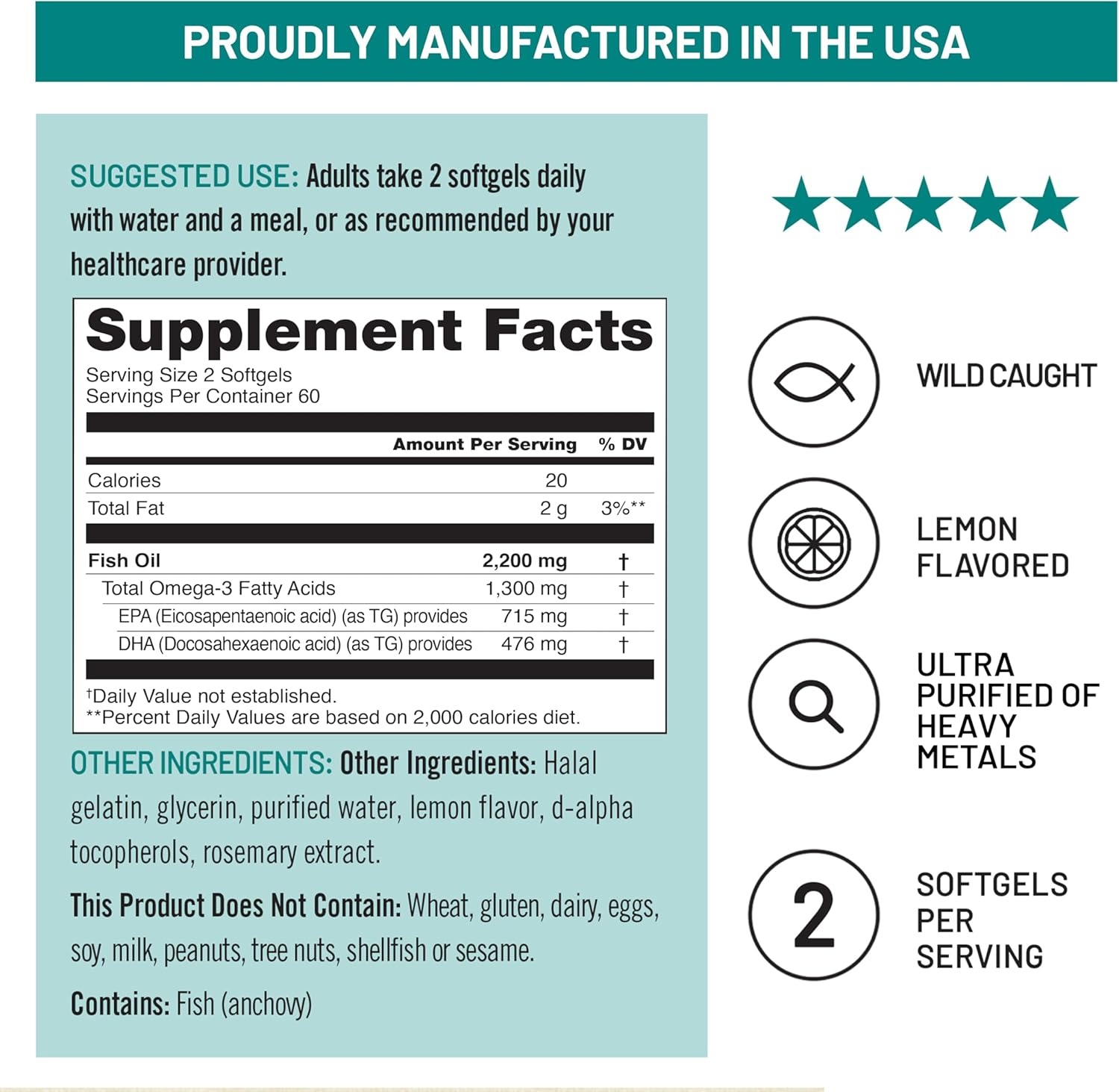 image:imageNatureWise Ultra Omega 3 Fish Oil 2200 mg 1300 mg Omega3 Triglyceride Form Lemon Flavor WildCaught Fish Oil EPA amp DHA Burpless NonGMO 60 Softgels1Month Supply120 Count Pack of 1
