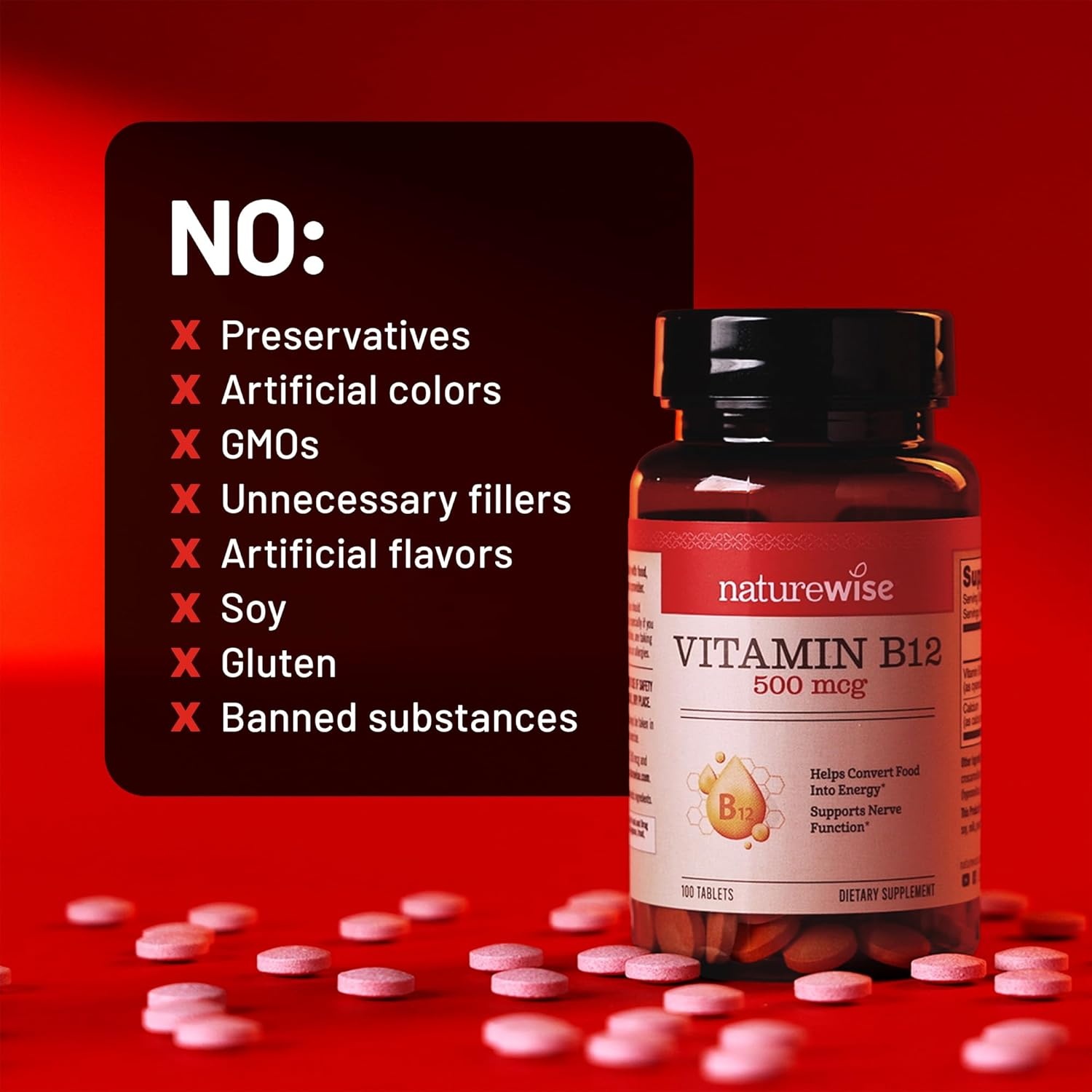image:imageNatureWise Vitamin B12 500 mcg B12 Supplement for Energy Mental Clarity amp Nervous System Support EasytoSwallow Vegan amp NonGMO USA Manufactured 100 Tablets100Day Supply