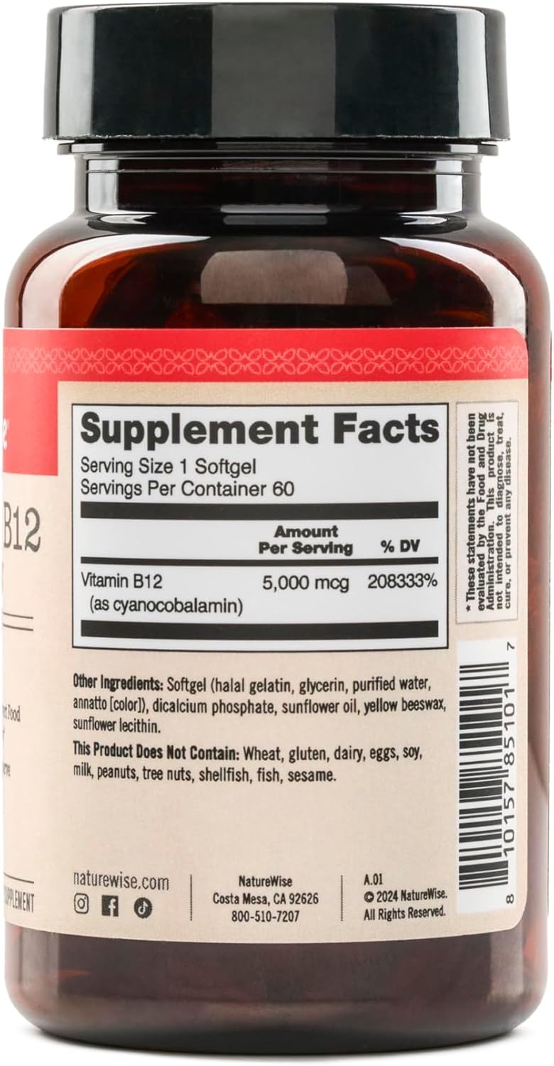 image:imageNatureWise Vitamin B12 5000 mcg Extra Strength Supplement for Supporting Energy Levels Mental Clarity Nervous System Health EasytoSwallow Soy and GlutenFree NonGMO 60 Softgels