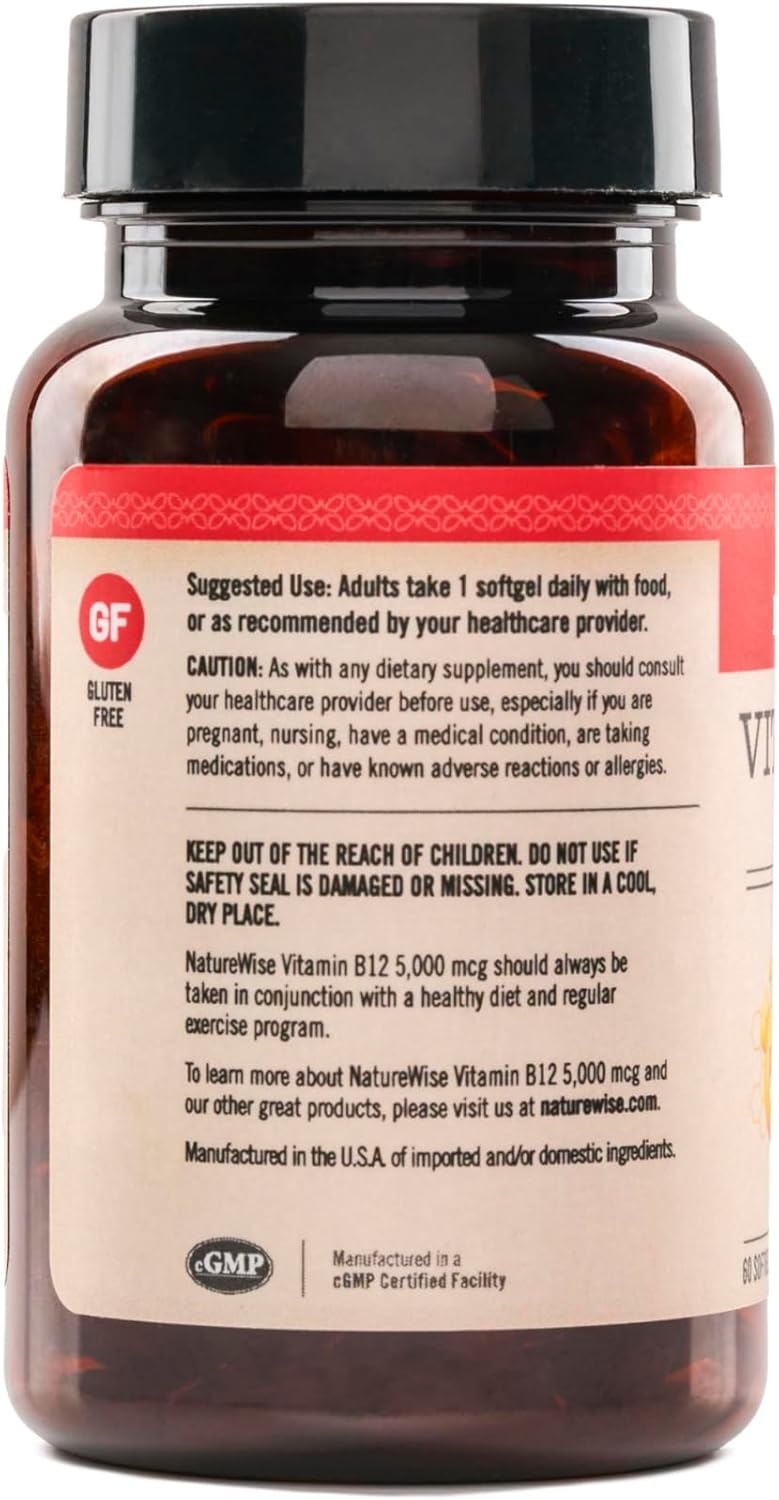 image:imageNatureWise Vitamin B12 5000 mcg Extra Strength Supplement for Supporting Energy Levels Mental Clarity Nervous System Health EasytoSwallow Soy and GlutenFree NonGMO 60 Softgels