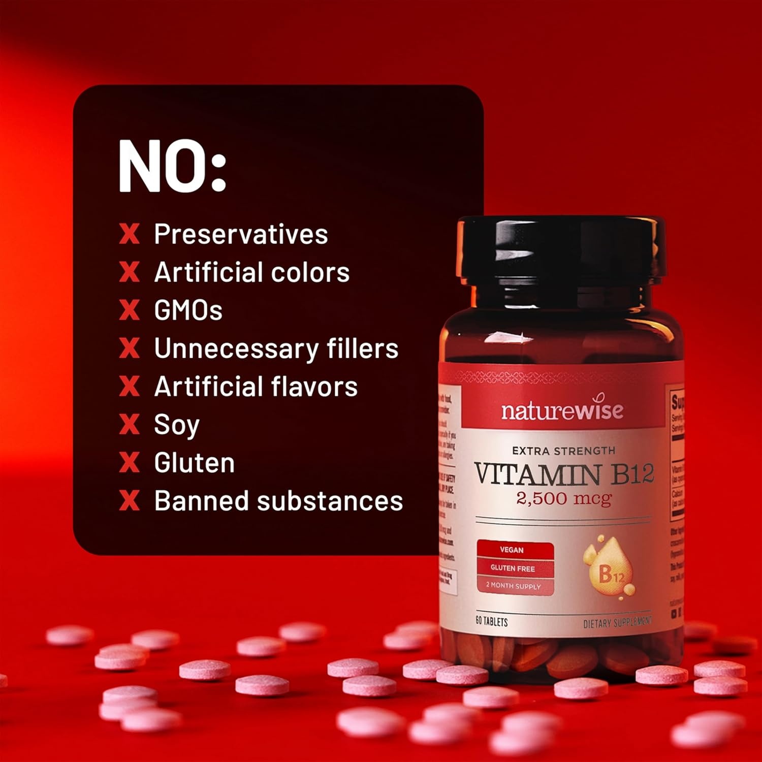 image:imageNatureWise Vitamin B12 Extra Strength 2500mcg B12 Supplement for Energy Mental Clarity amp Nervous System Support EasytoSwallow Vegan amp NonGMO USA Manufactured 60 Tablets60Day Supply