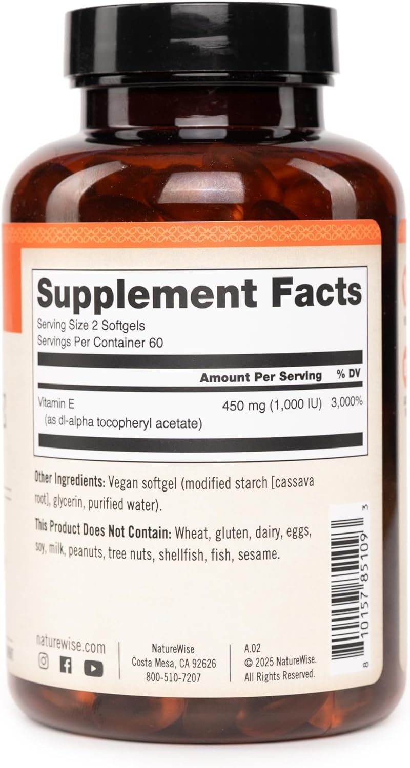 image:imageNatureWise Vitamin E 1000 IU Softgels 450mg dLAlpha Vegan GlutenFree SoyFree NonGMO Antioxidant Dietary Supplement for Skin Heart Eye and Immune Health Support 60Day Supply 120 Count