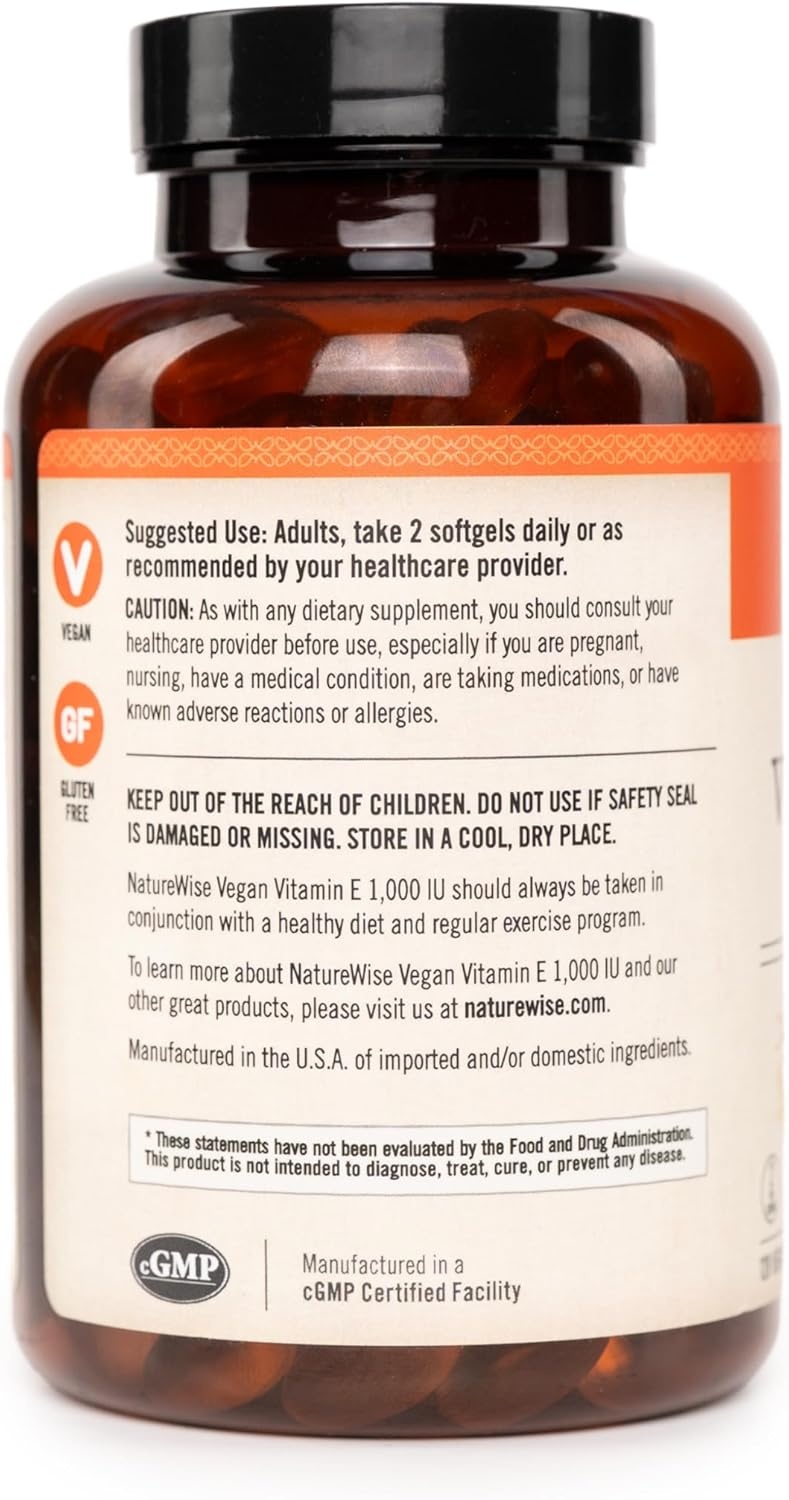 image:imageNatureWise Vitamin E 1000 IU Softgels 450mg dLAlpha Vegan GlutenFree SoyFree NonGMO Antioxidant Dietary Supplement for Skin Heart Eye and Immune Health Support 60Day Supply 120 Count