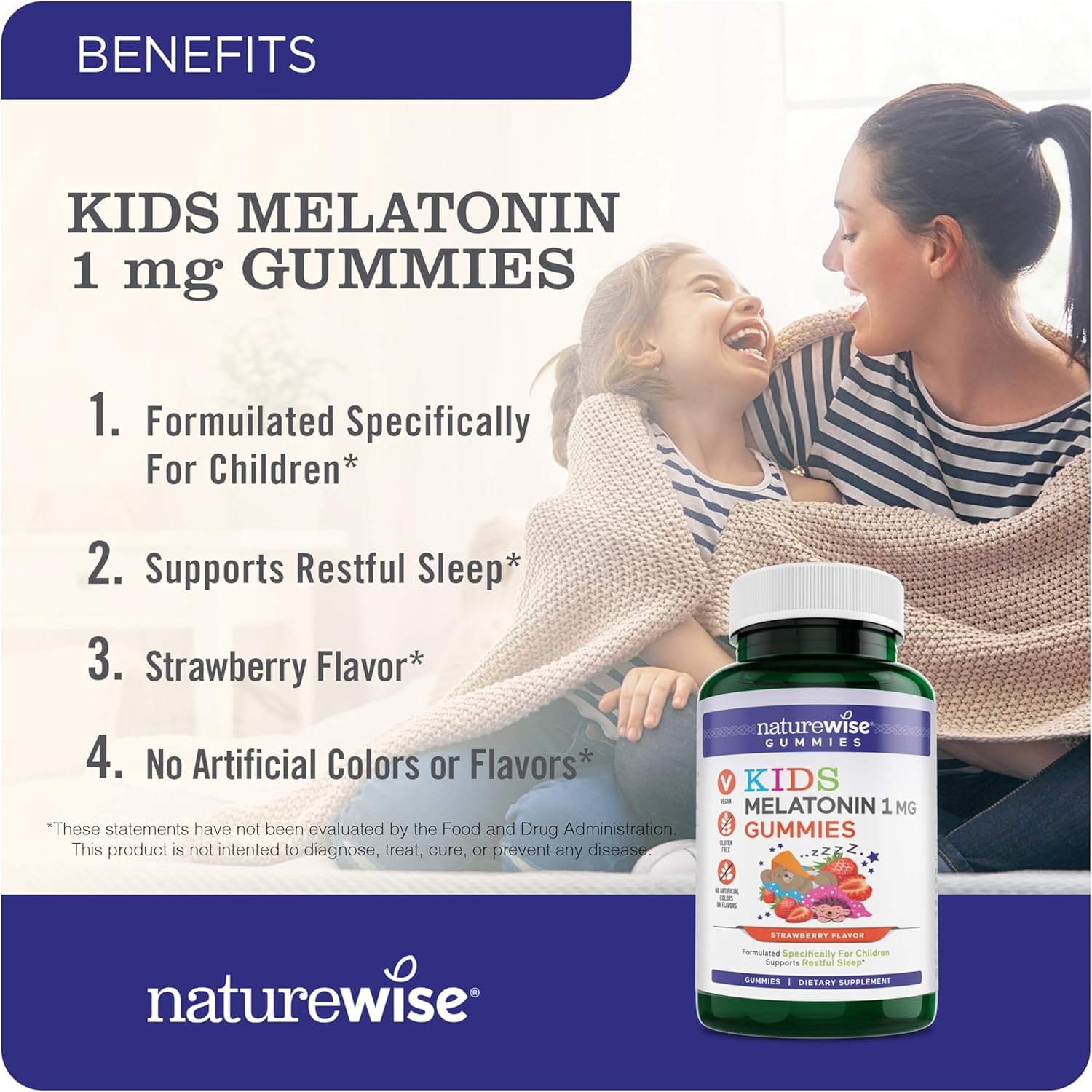 image:imageNaturewise Kids Melatonin Gummies 1 mg DrugFree NonHabit Forming Sleep Aid for Children Ages 4 amp Up Strawberry Flavored Gummy Bears Vegan Gluten Free NonGMO 60 Count2Month Supply
