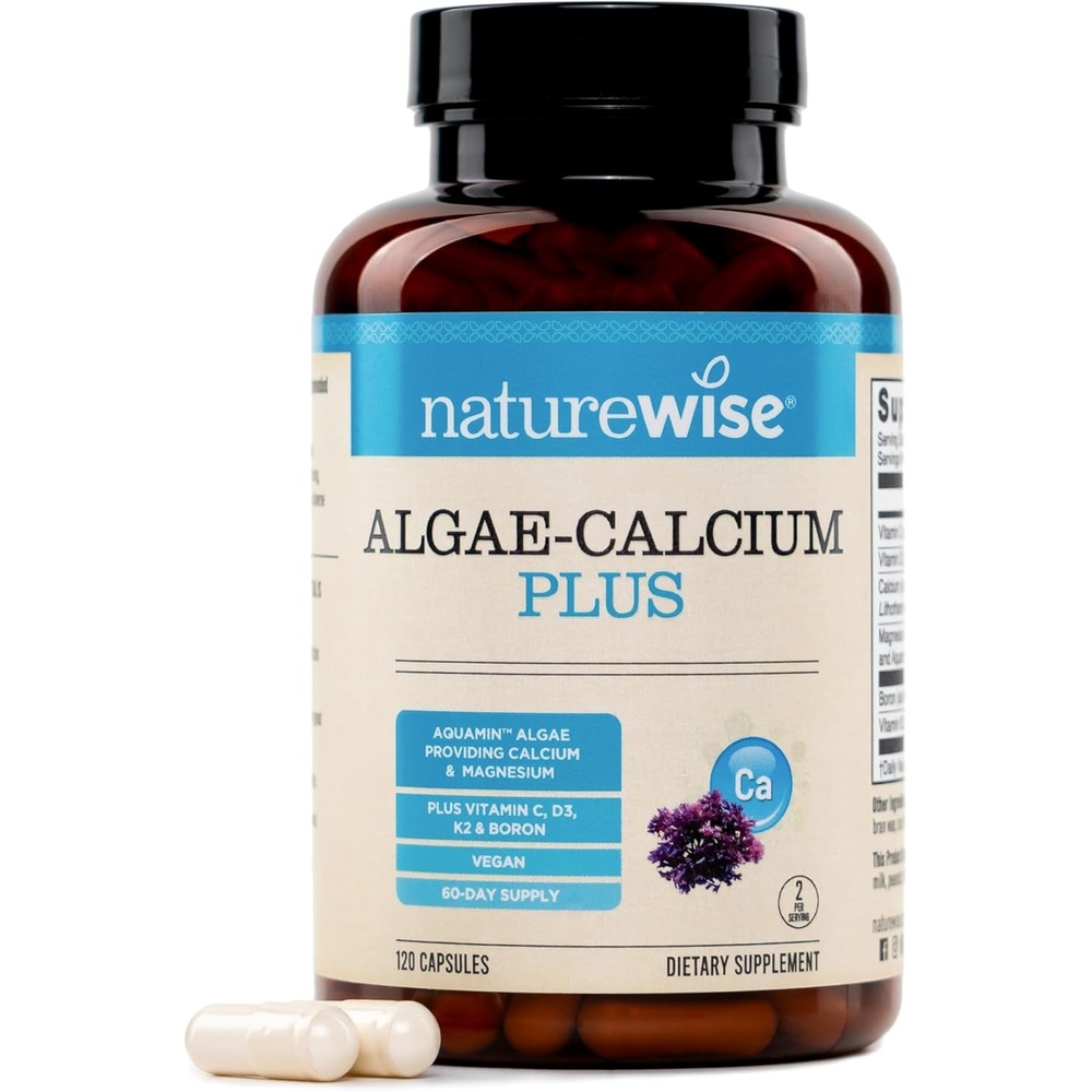 image:imageNatureWise Algae Calcium Plus with Aquamin Calcium Magnesium Vitamin C D3 and K2 Vegan Algae Calcium Supplements for Women amp Men Bone Health Support NonGMO 120 Capsules60Day Supply