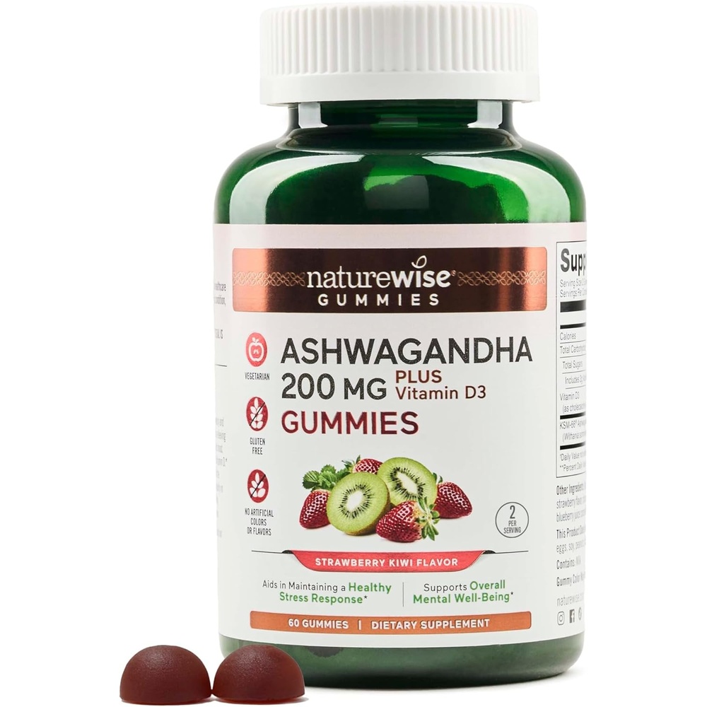 image:imageNatureWise Ashwagandha Gummies Strawberry Kiwi KSM66 with Vitamin D3 Calming Mood Support Vegetarian NonGMO Gelatin and Gluten Free 60 Count1Month Supply